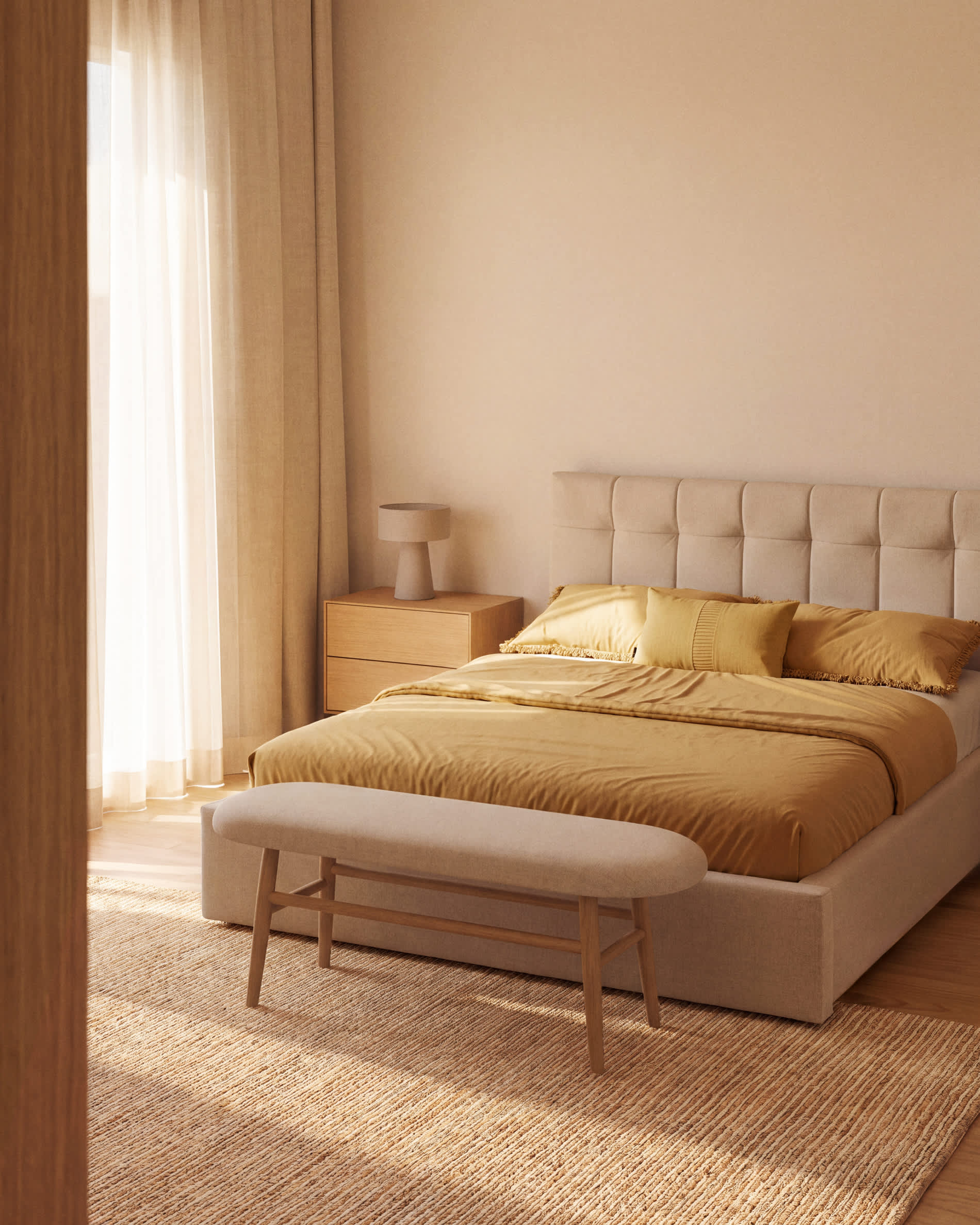 Helda bench in beige chenille and solid oak wood FSC Mix Credit 122 cm