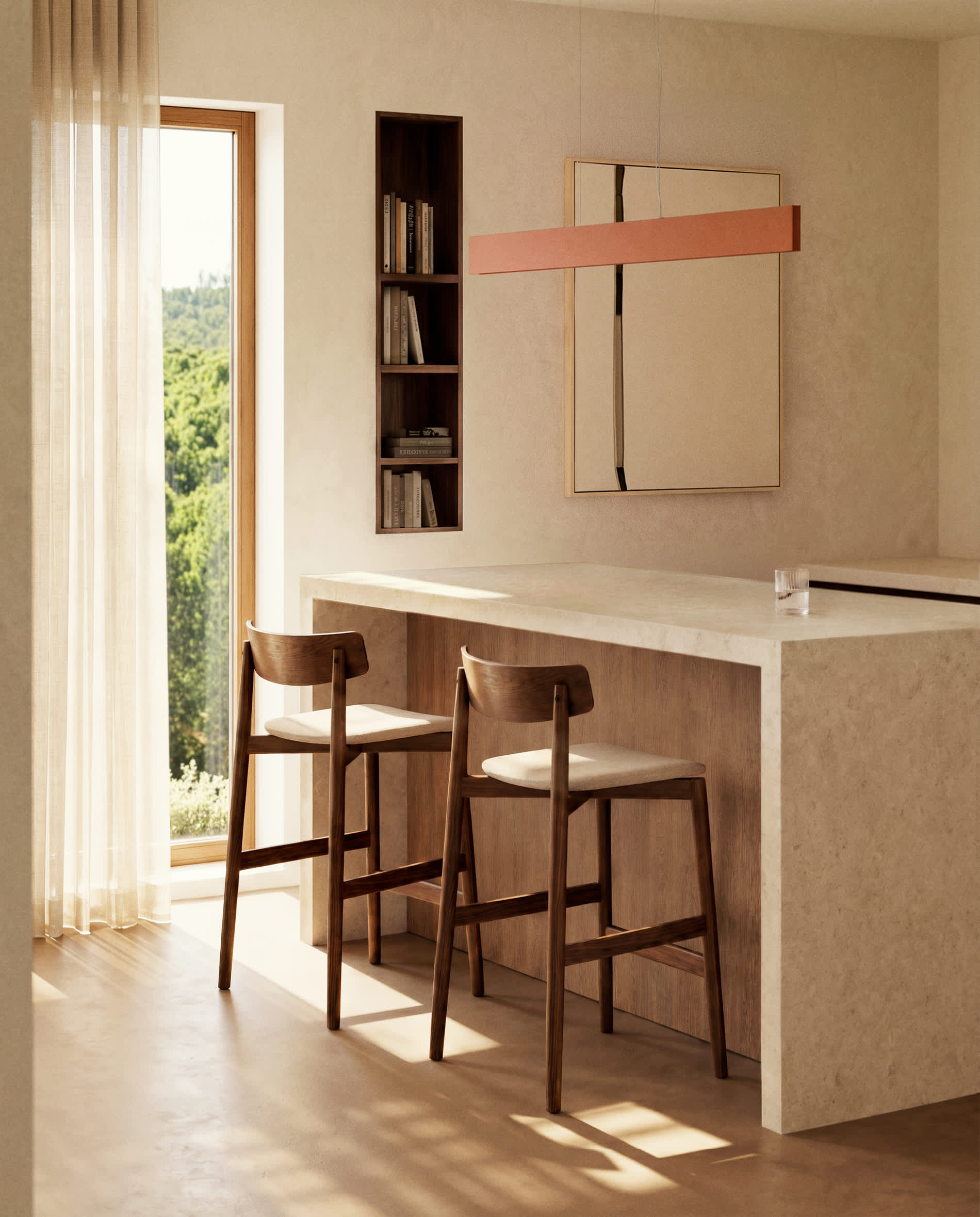 Evera stool with backrest in oak veneer with walnut finish and brown chenille 65cm