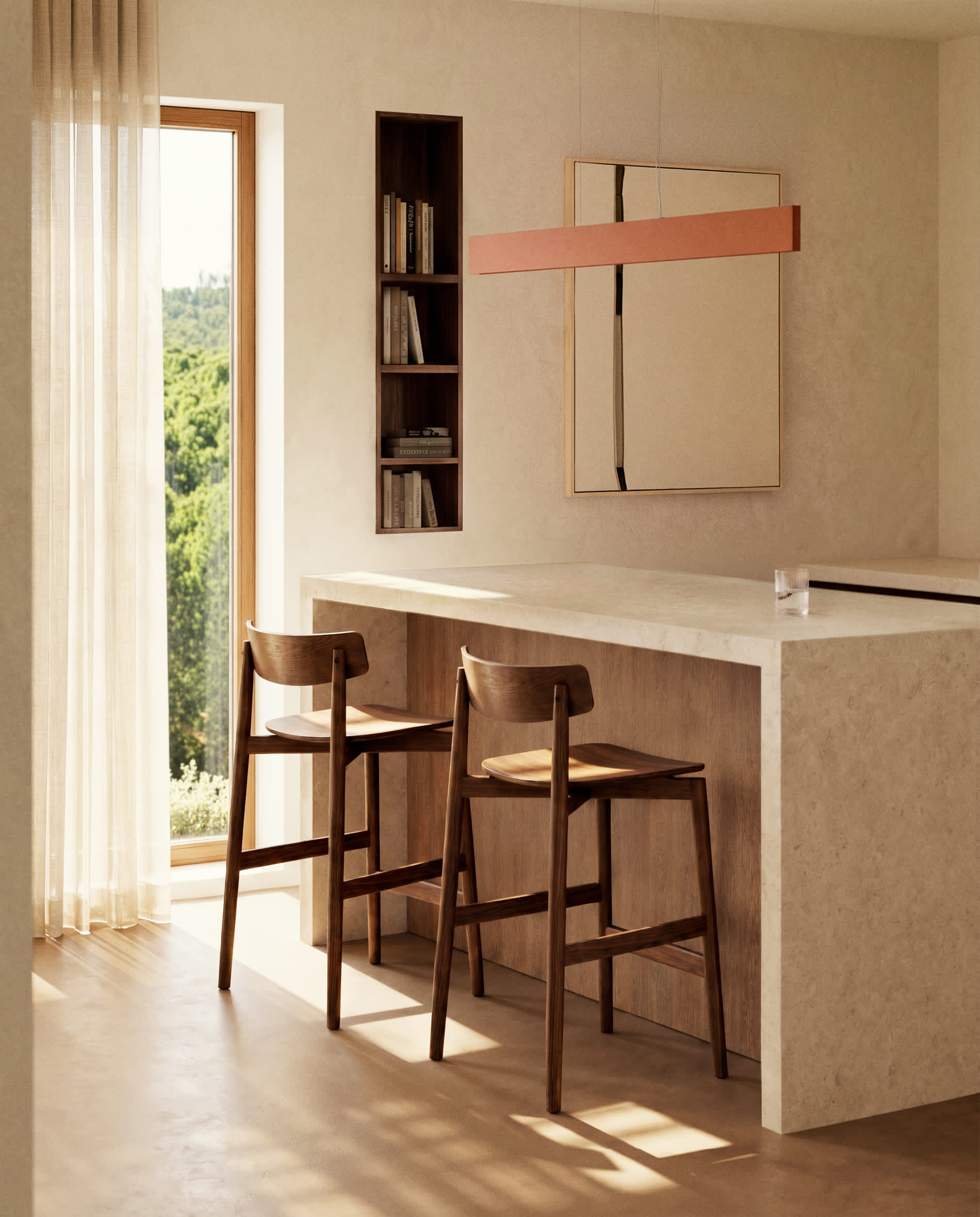 Evera stool with backrest in oak veneer with walnut finish 65cm