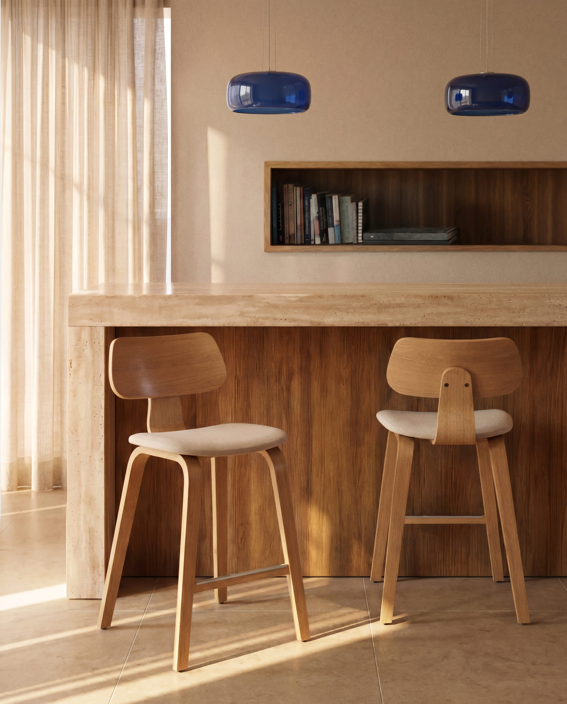 Gena stool in oak veneer and beige chenille 65cm
