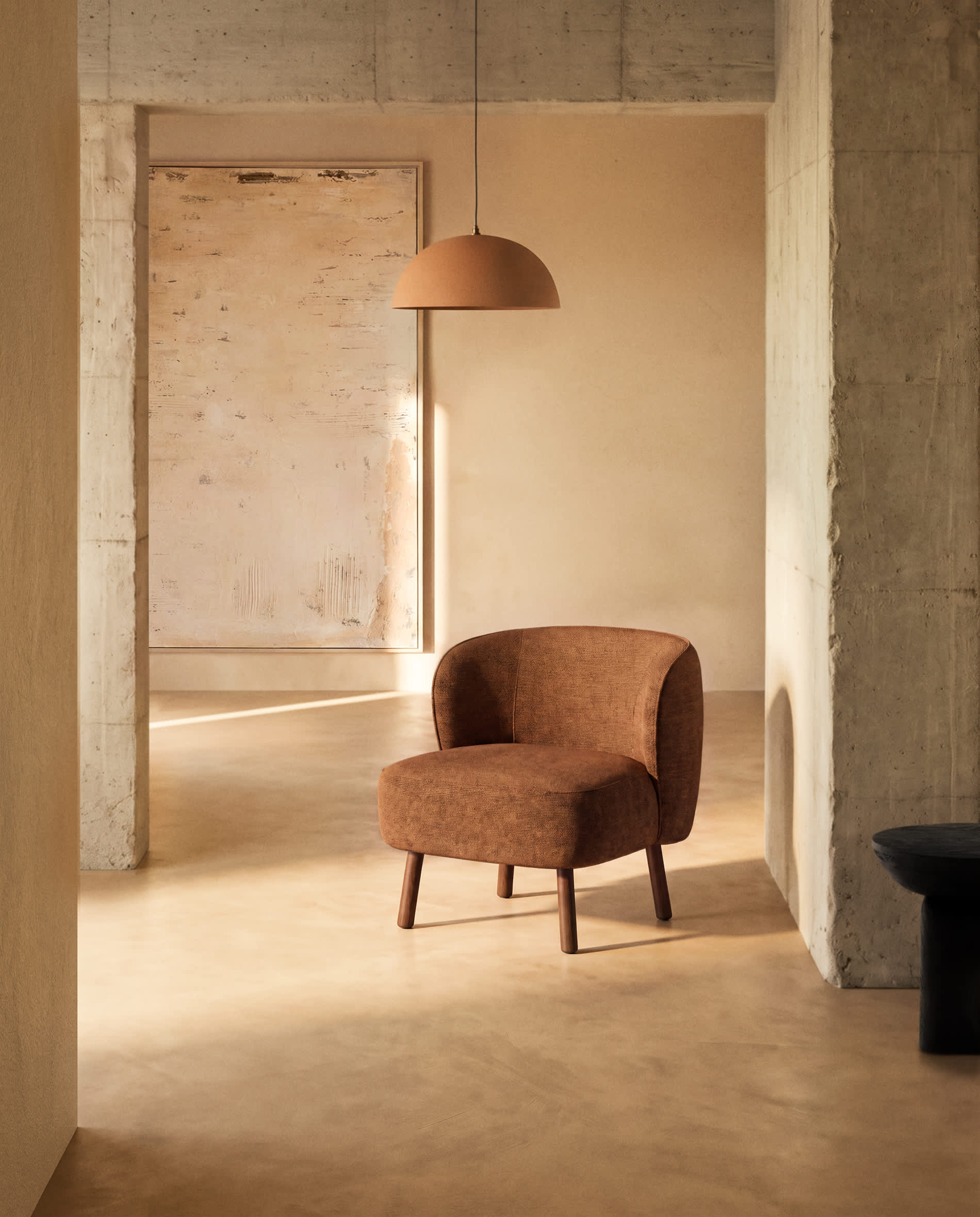 Ulit armchair in terracotta chenille with solid ash wood legs with walnut finish