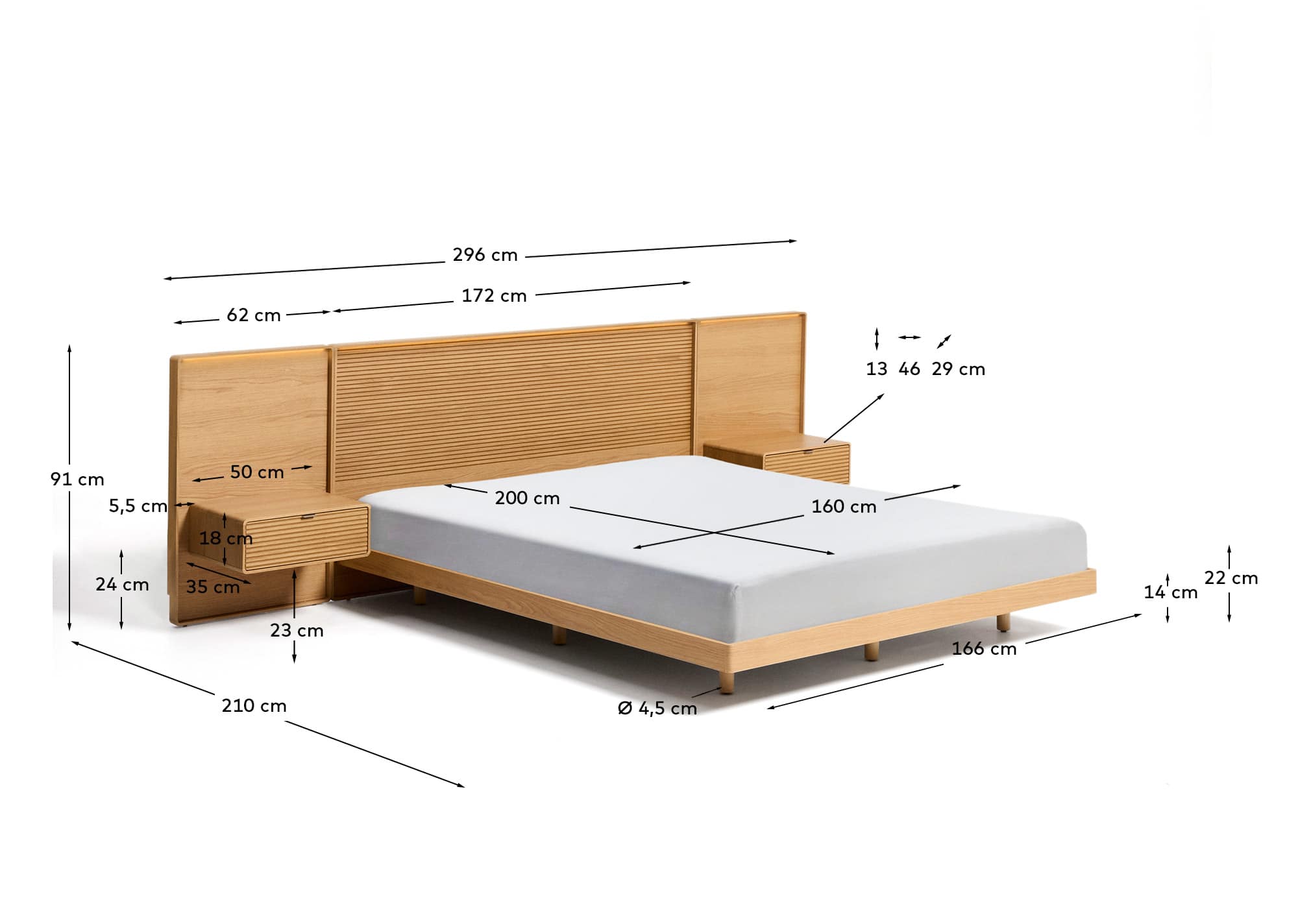 Norlen bed with 2 bedside tables in oak veneer with natural finish and LED light for 160 x 200 cm mattress FSC Mix Credit