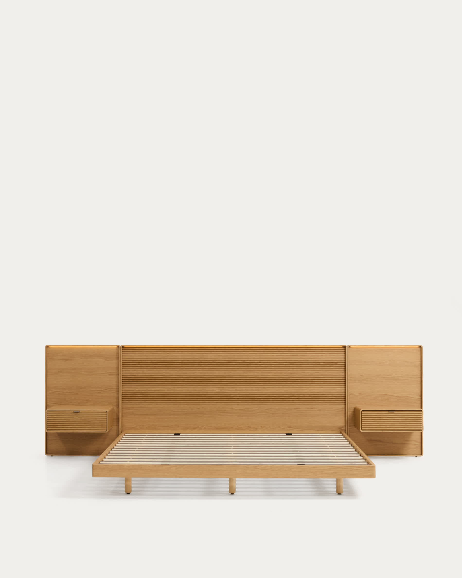 Norlen bed with 2 bedside tables in oak veneer with natural finish and LED light for 180 x 200 cm mattress FSC Mix Credit