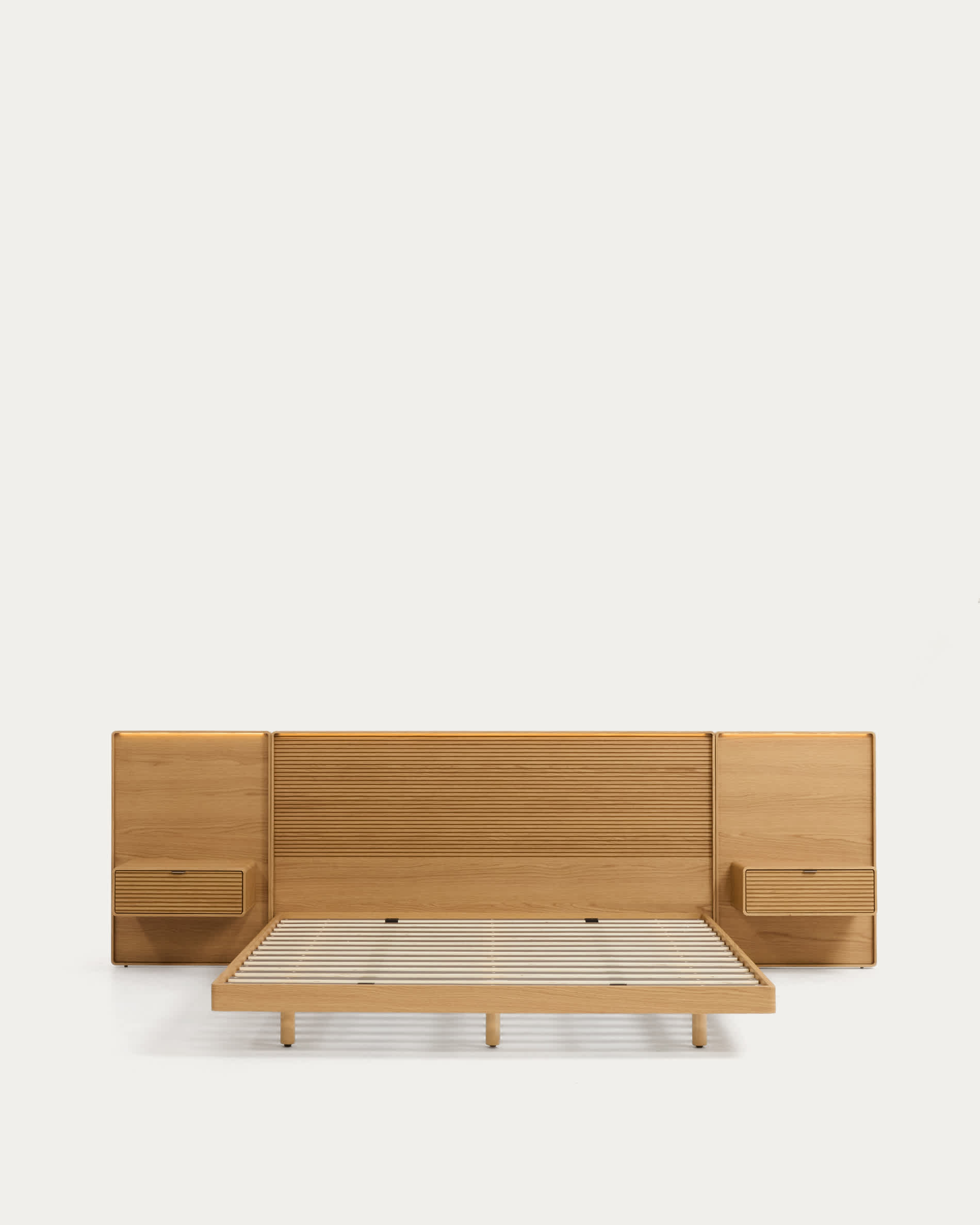 Norlen bed with 2 bedside tables in oak veneer with natural finish and LED light for 160 x 200 cm mattress FSC Mix Credit