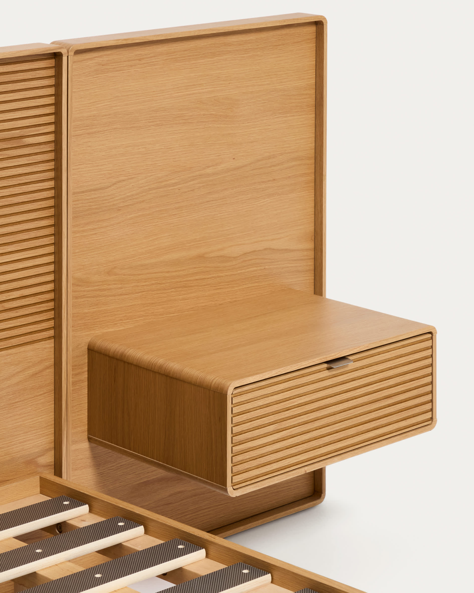 Norlen bed with 2 bedside tables in oak veneer with natural finish and LED light for 180 x 200 cm mattress FSC Mix Credit