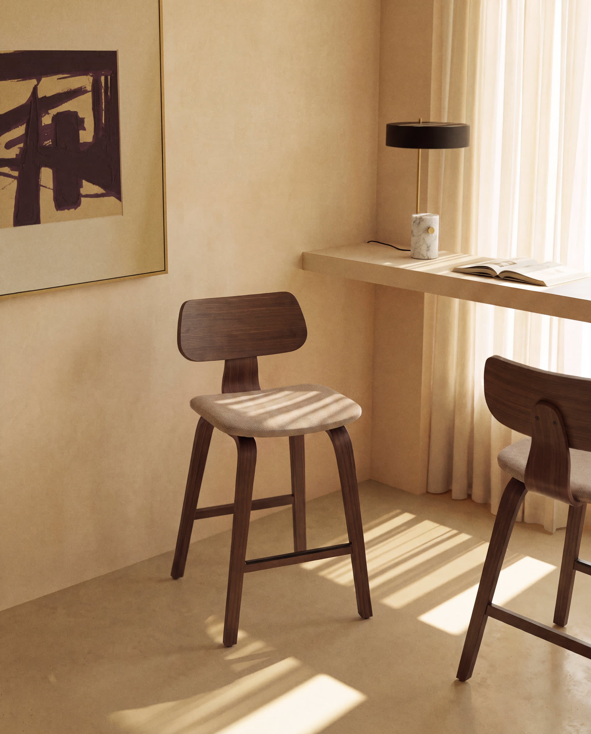 Gena stool in walnut veneer and brown chenille 65cm