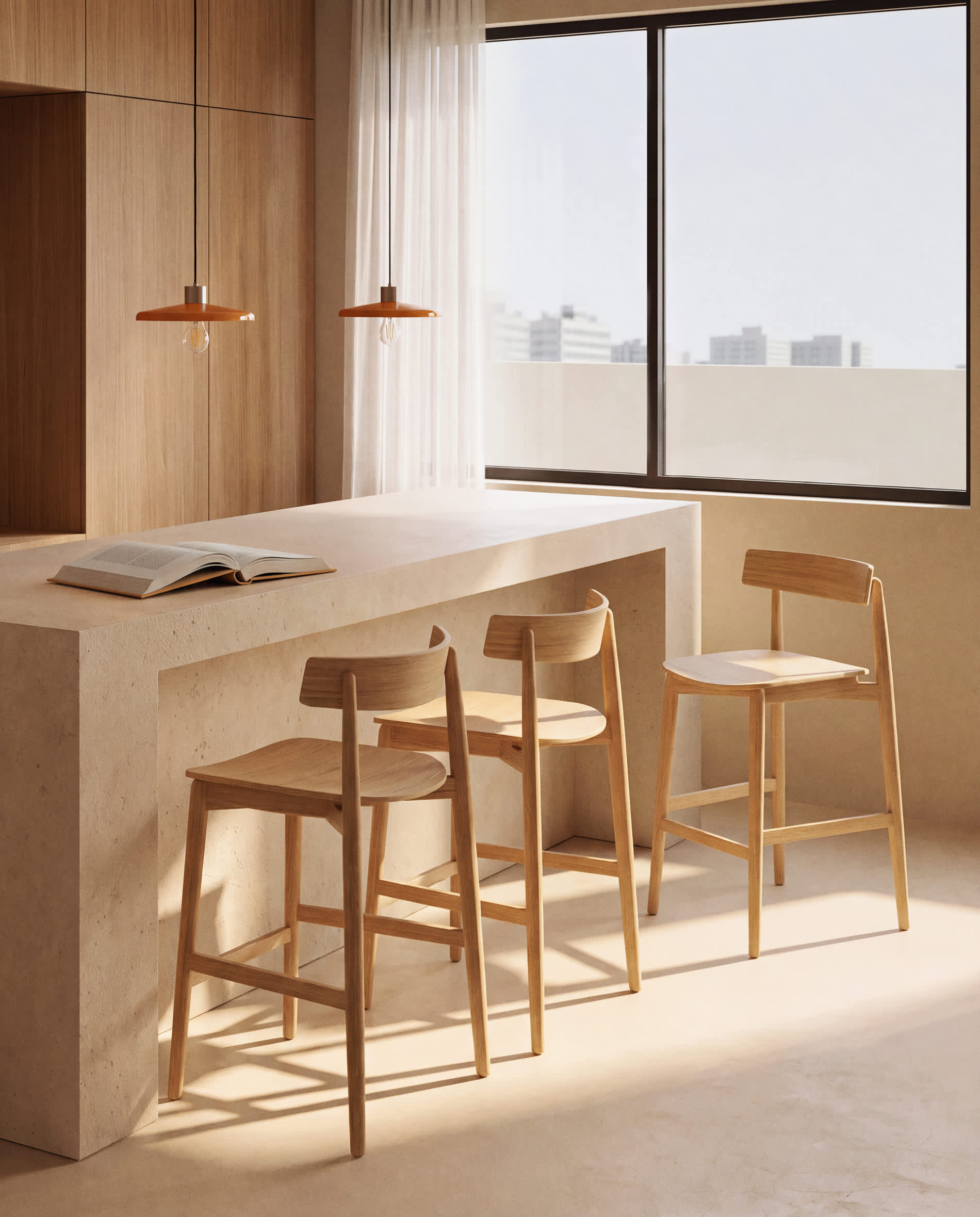 Evera stool with backrest in oak veneer with natural finish 65cm