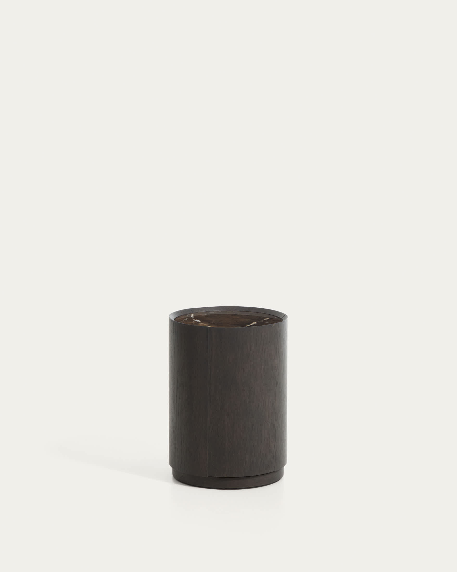 Nemore bedside table with 1 oak veneer drawer and Emperador marble-effect ceramic top, FSC Mix Credit, Ø 40 cm