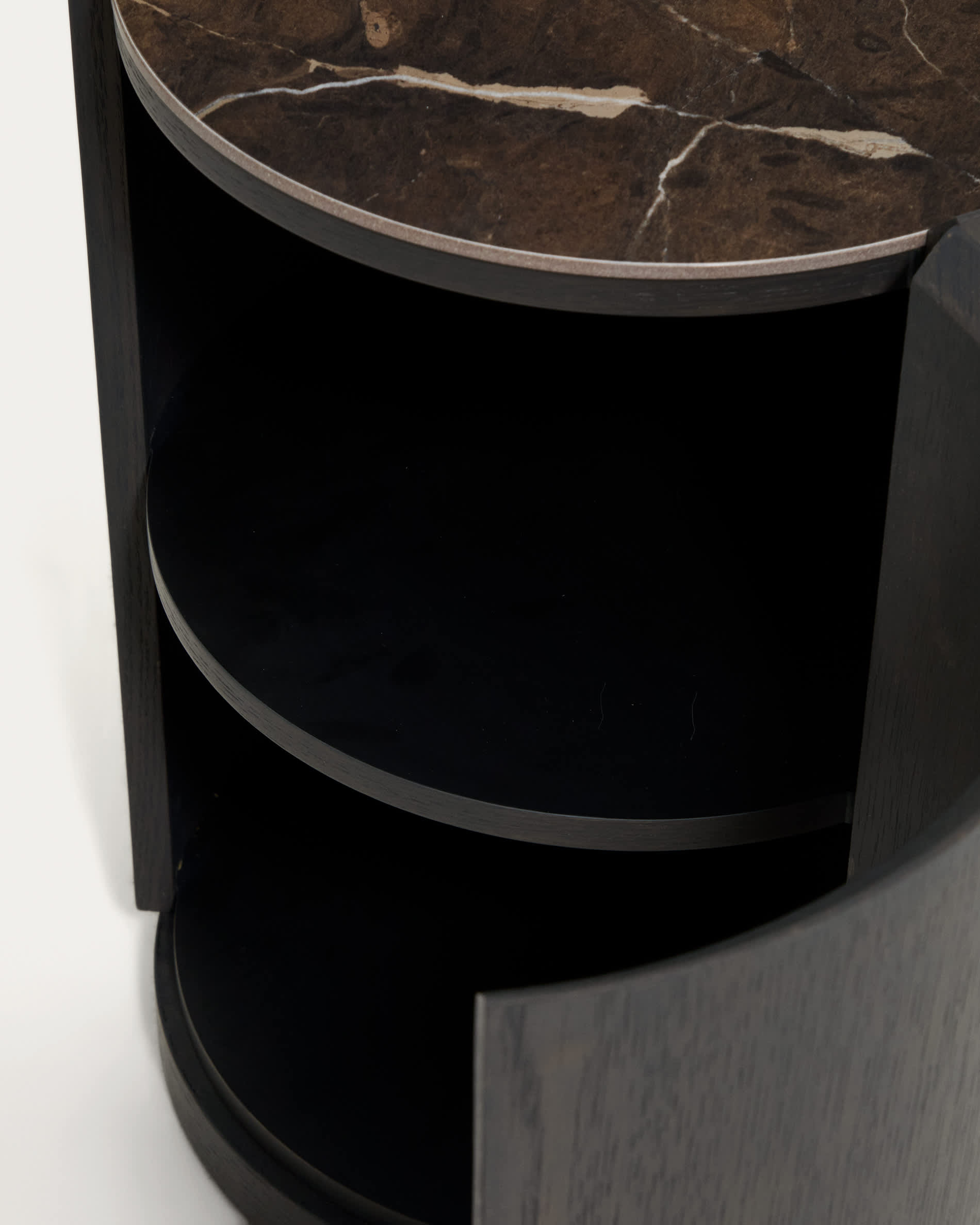 Nemore bedside table with 1 oak veneer drawer and Emperador marble-effect ceramic top, FSC Mix Credit, Ø 40 cm