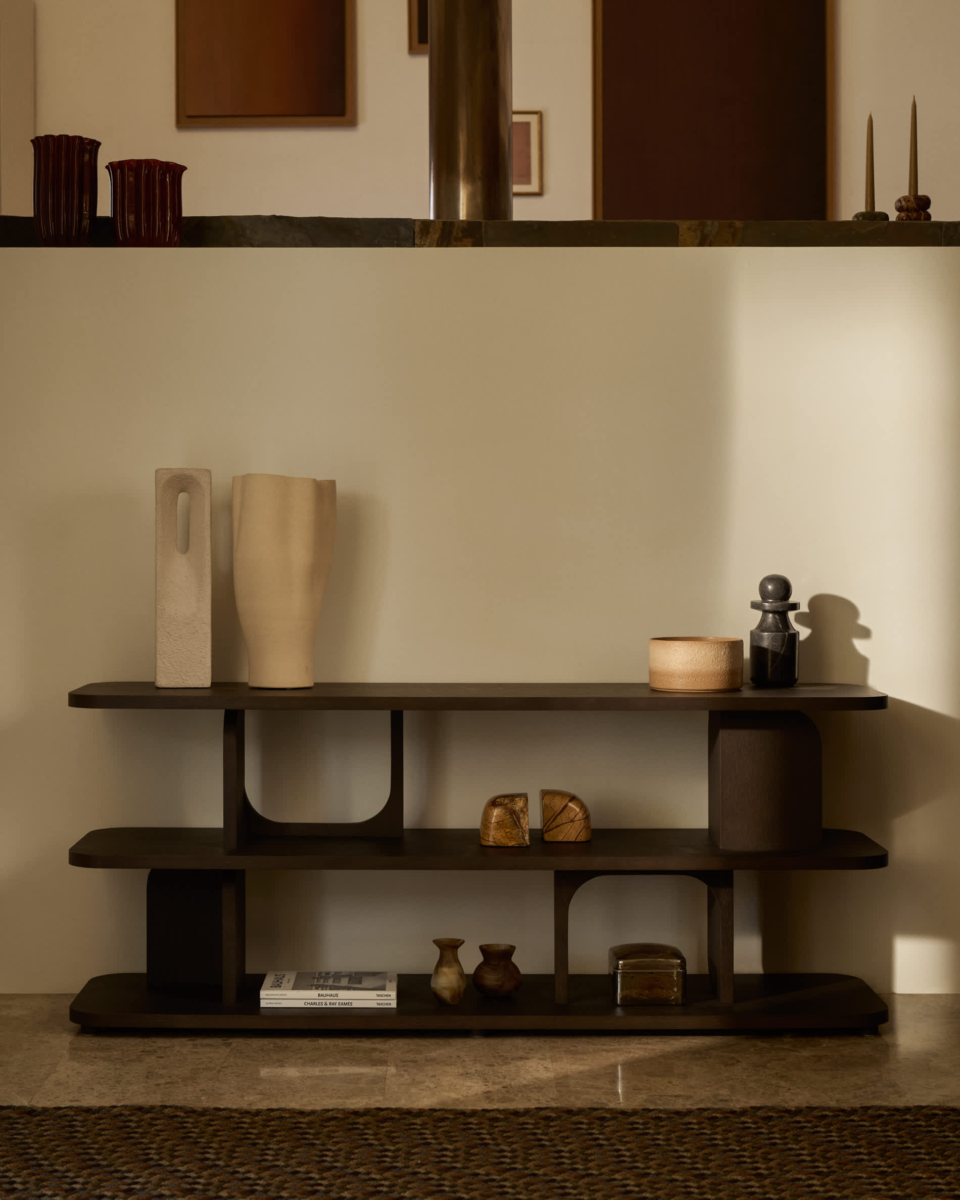 Aduma ebonised finish oak veneer shelving unit FSC 100% 160 x 65 cm