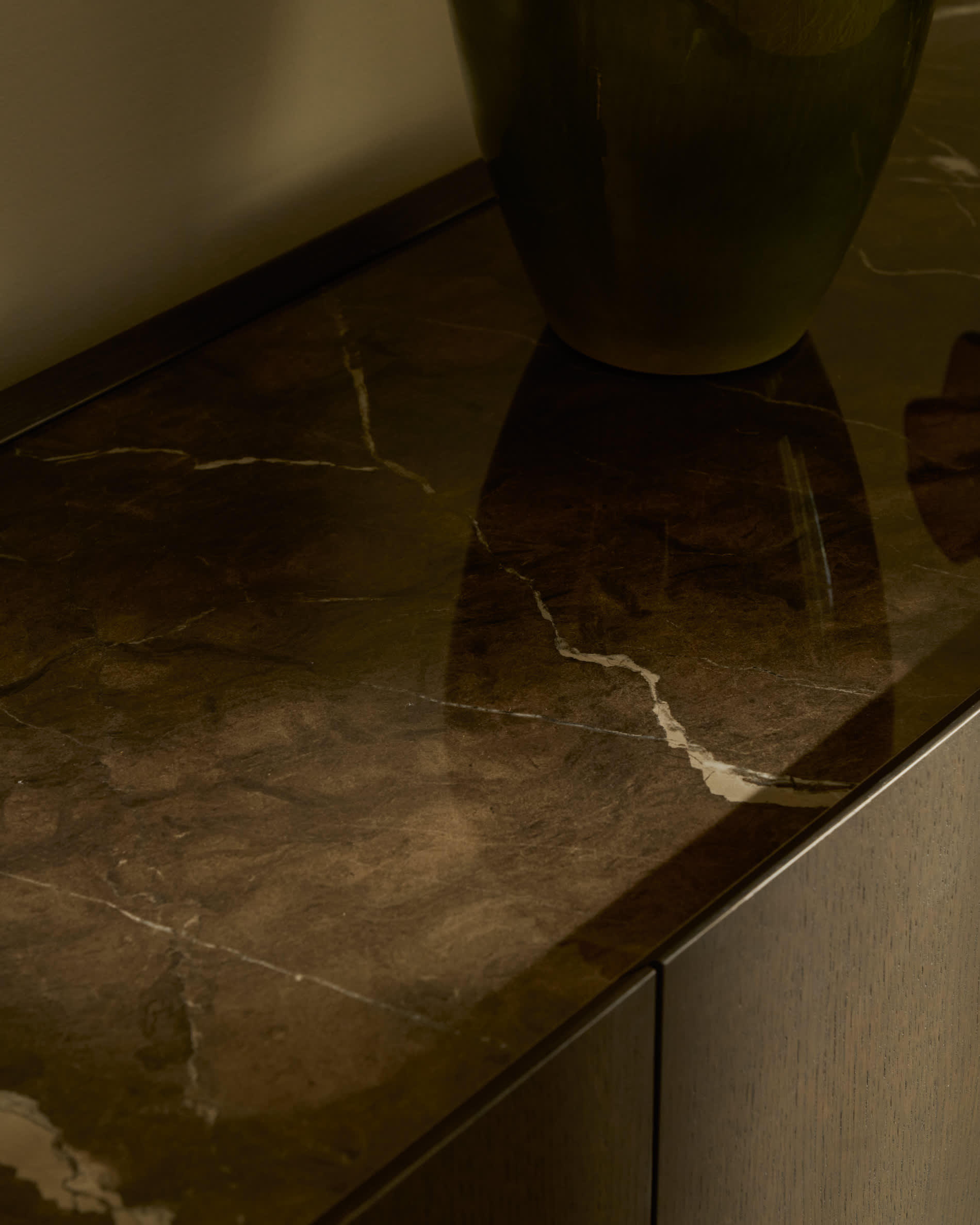 Nemore 4-door oak veneer sideboard with Emperador marble-effect ceramic top, FSC Mix Credit, 200 x 45 cm