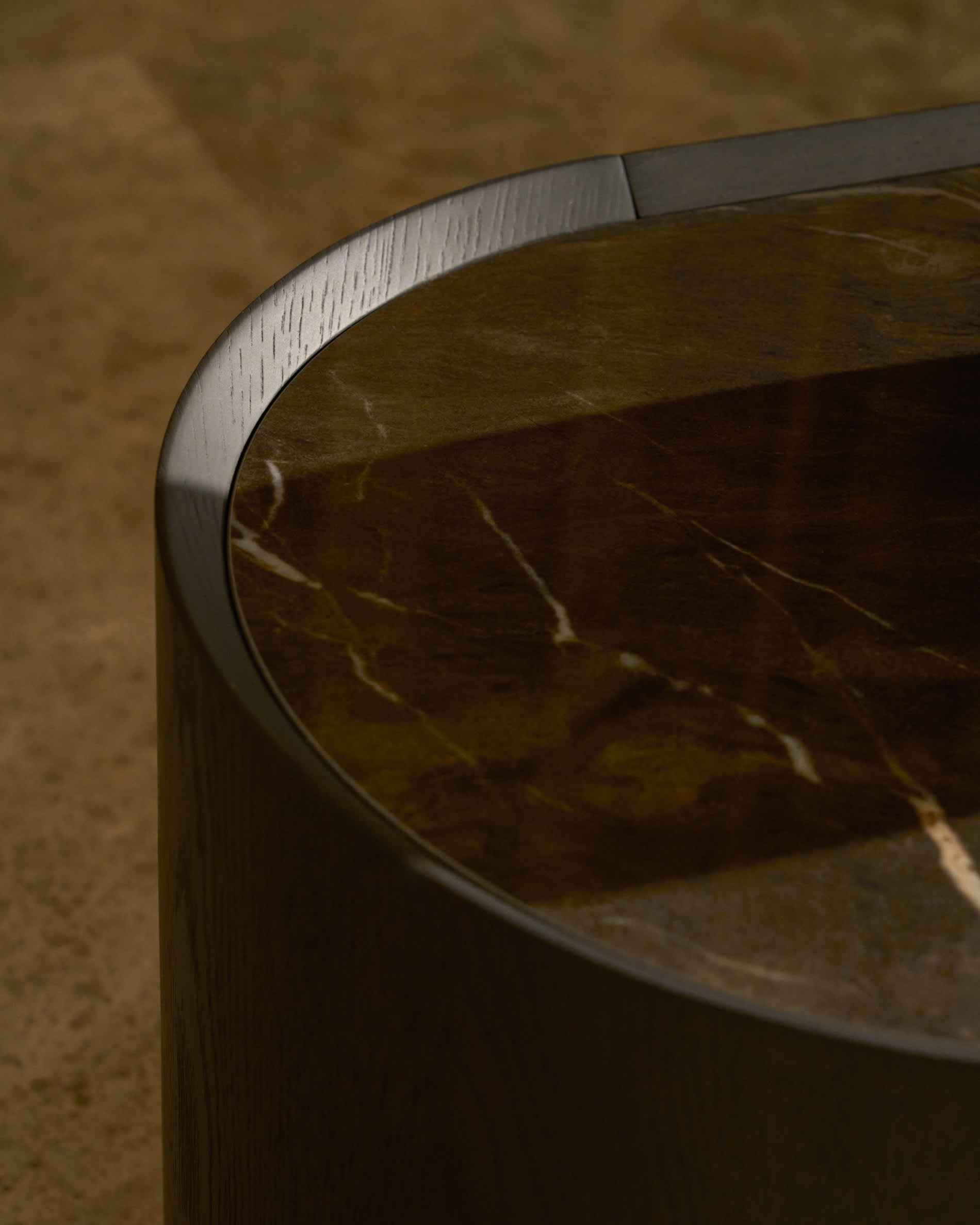 Nemore TV stand with 2 oak veneer drawers and Emperador marble-effect ceramic top, FSC Mix Credit, 200 x 35 cm