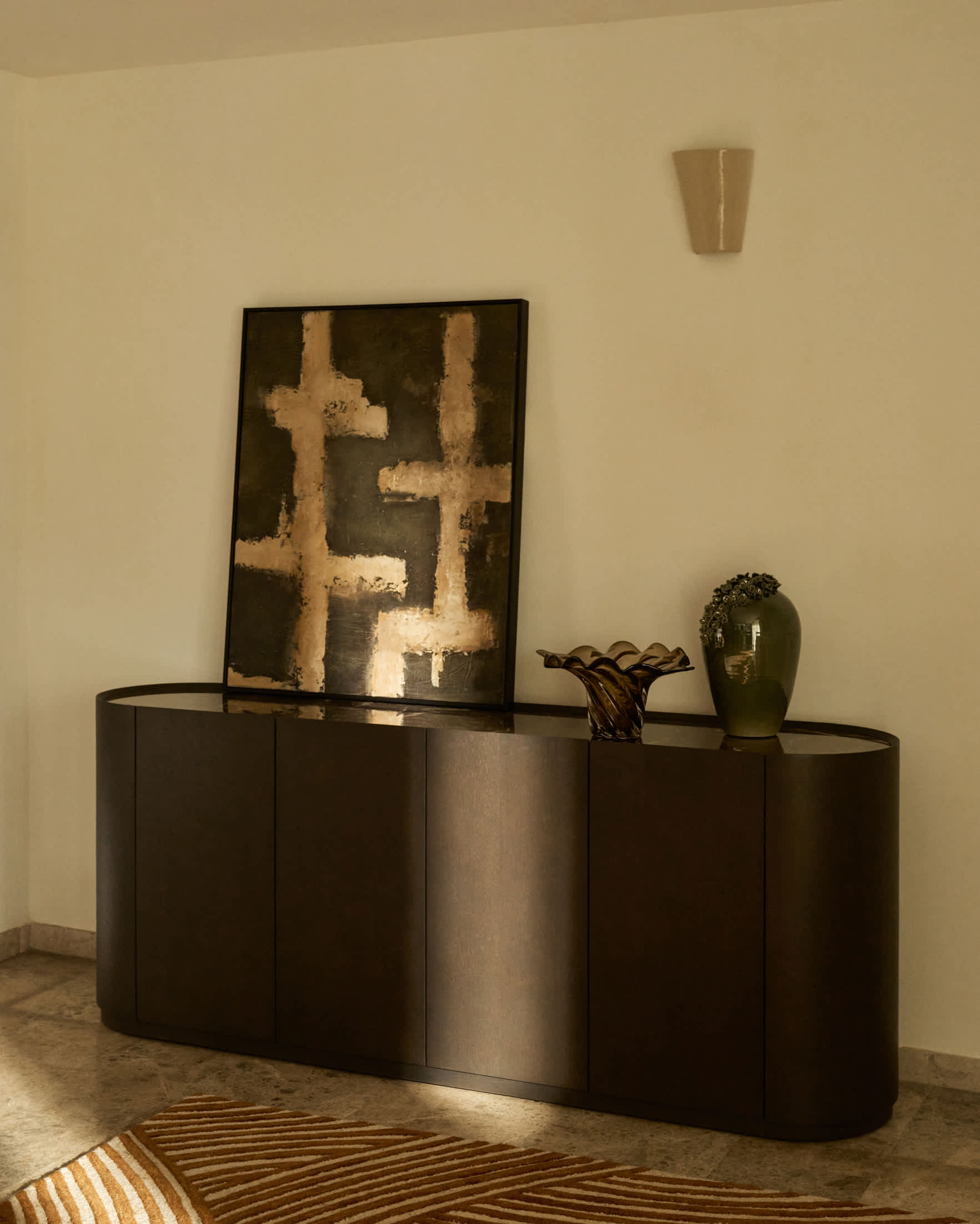 Emeri hand-painted abstract picture in olive green and beige 80 x 100cm