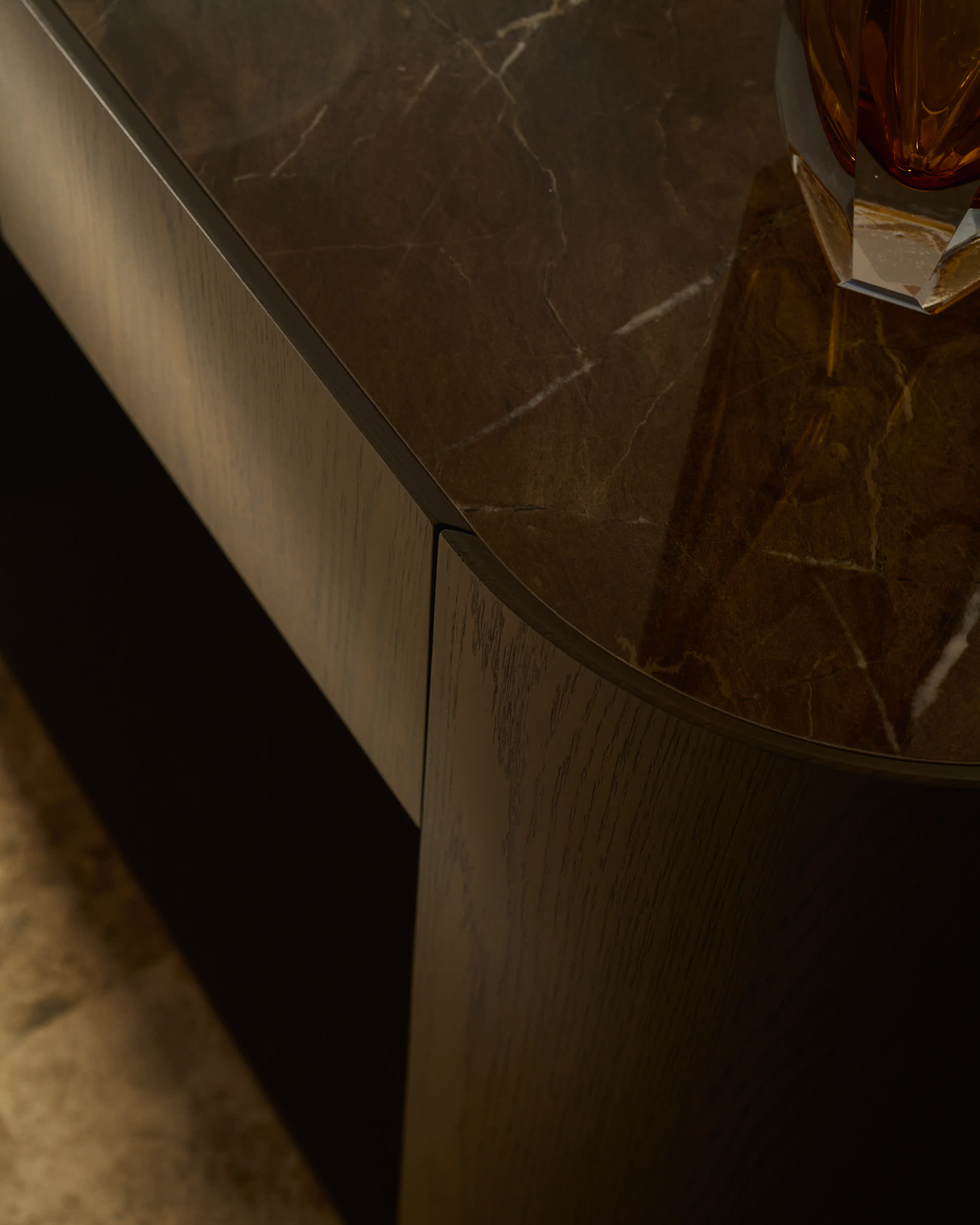 Nemore console table with 2 oak veneer drawers and Emperador marble-effect ceramic top, FSC Mix Credit, 120 x 90 cm