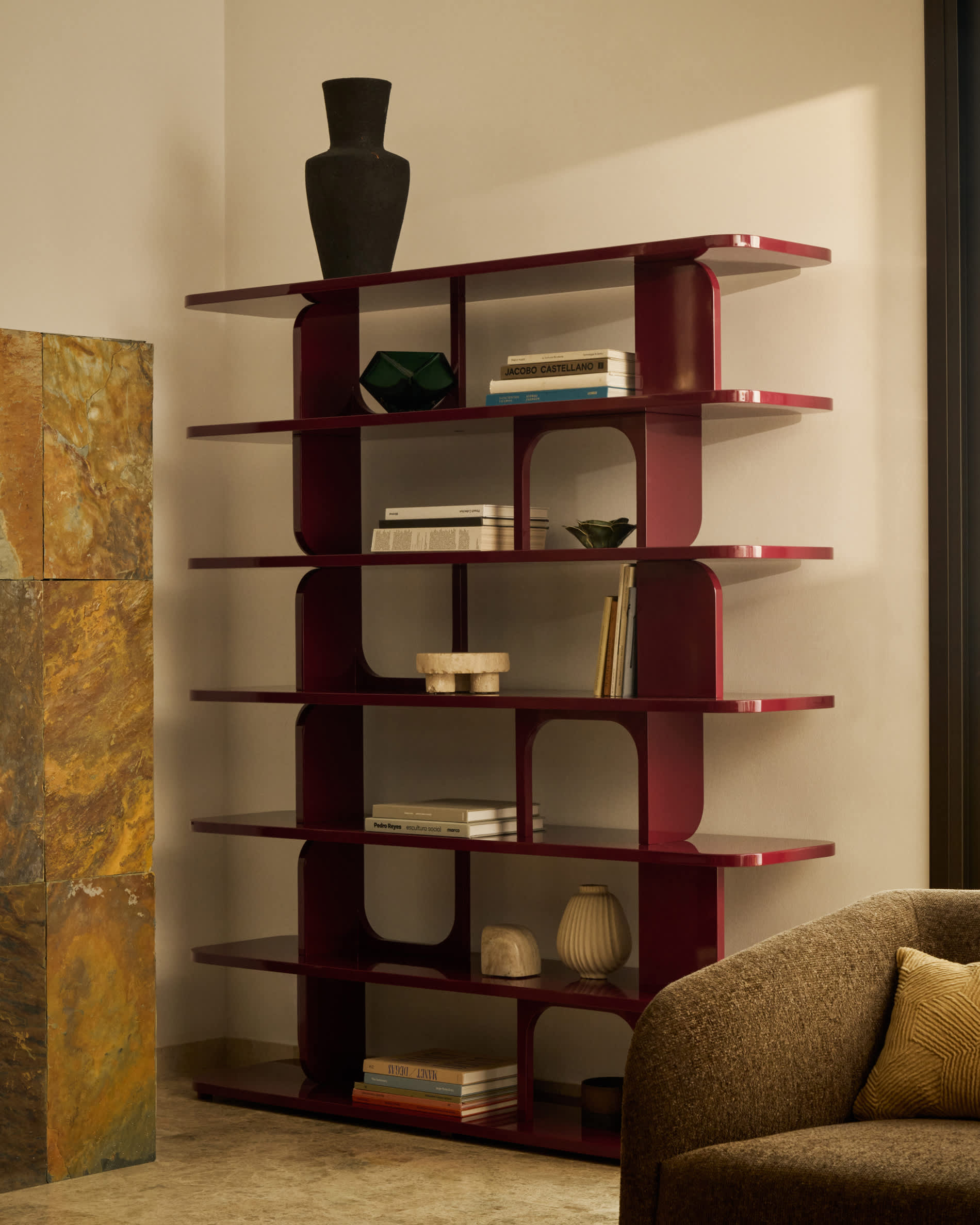 Aduma glossy maroon finish lacquered MDF shelving unit FSC 100% 160 x 187 cm