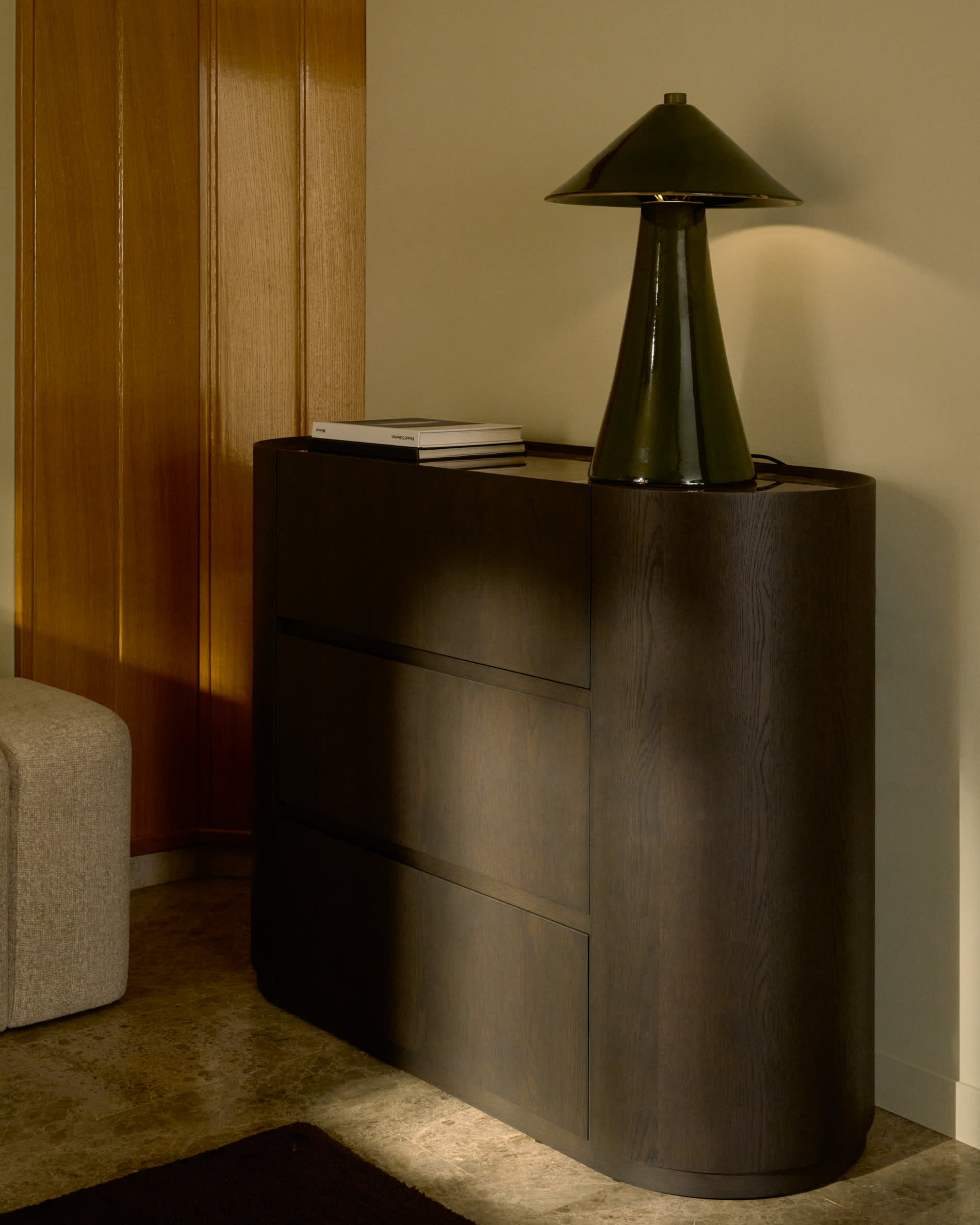Nemore chest of drawers with 3 oak veneer drawers and Emperador marble-effect ceramic top, FSC Mix Credit, 120 x 45 cm