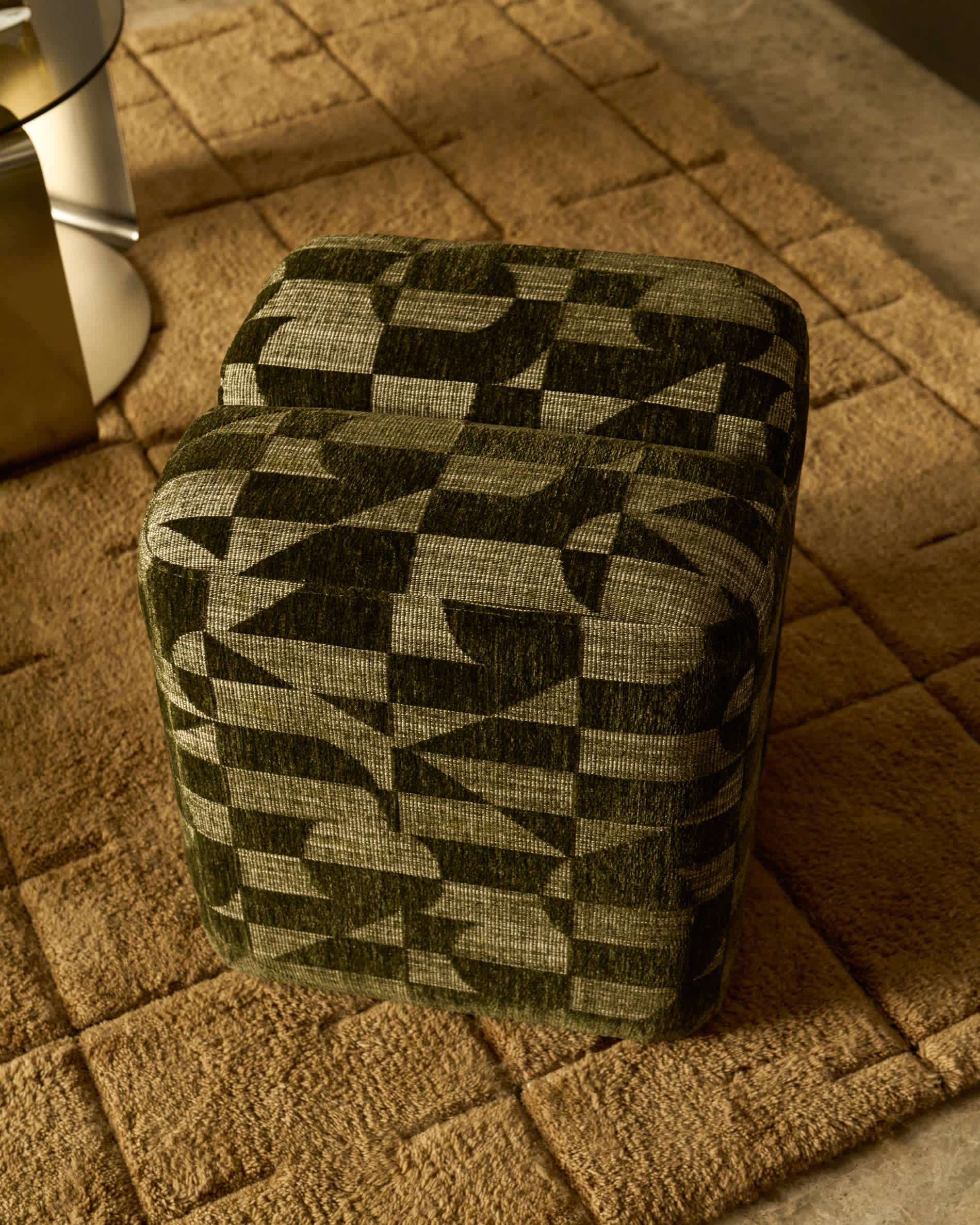 Nedilo square moss green geometric FSC Mix Credit jacquard footrest