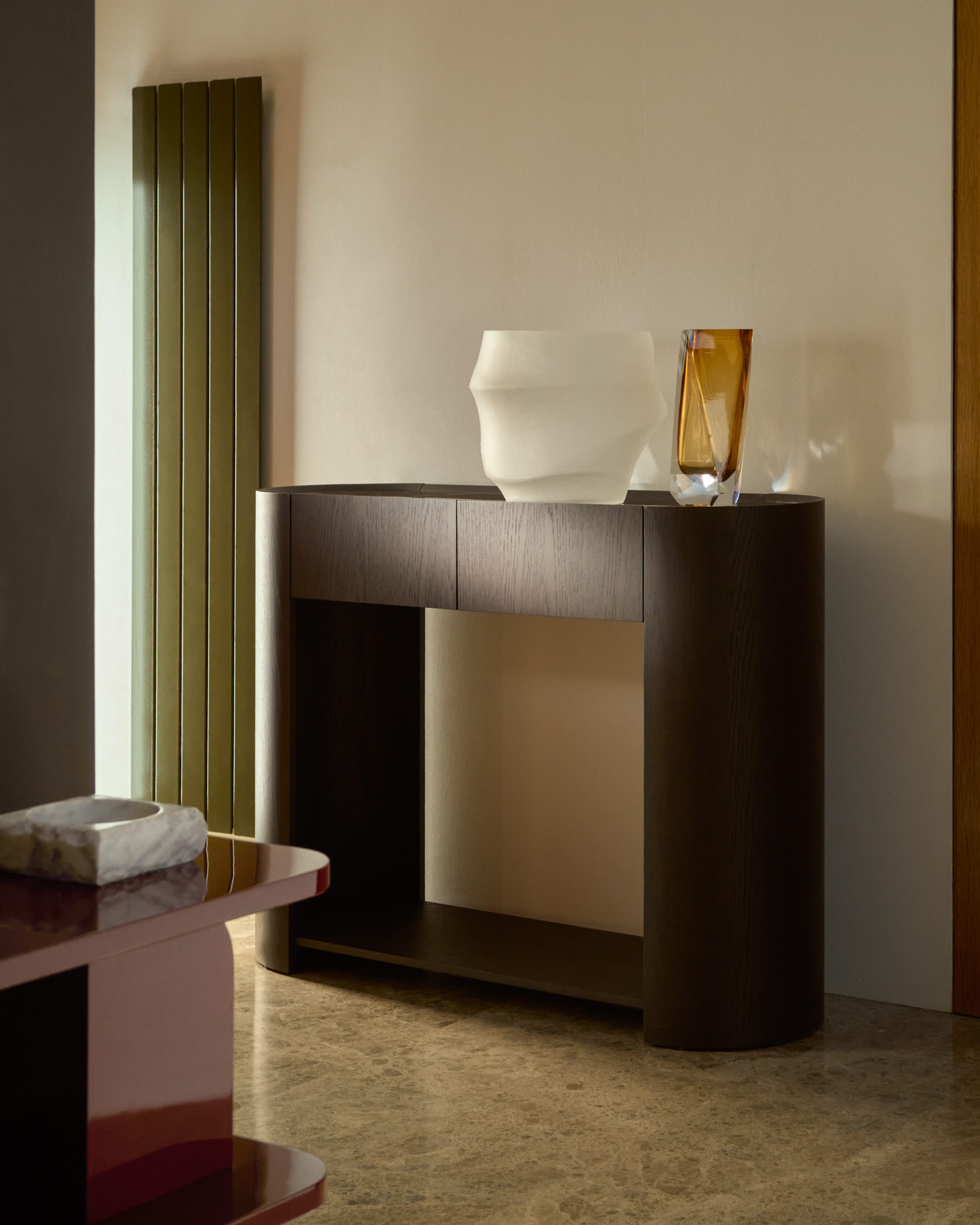 Nemore console table with 2 oak veneer drawers and Emperador marble-effect ceramic top, FSC Mix Credit, 120 x 90 cm