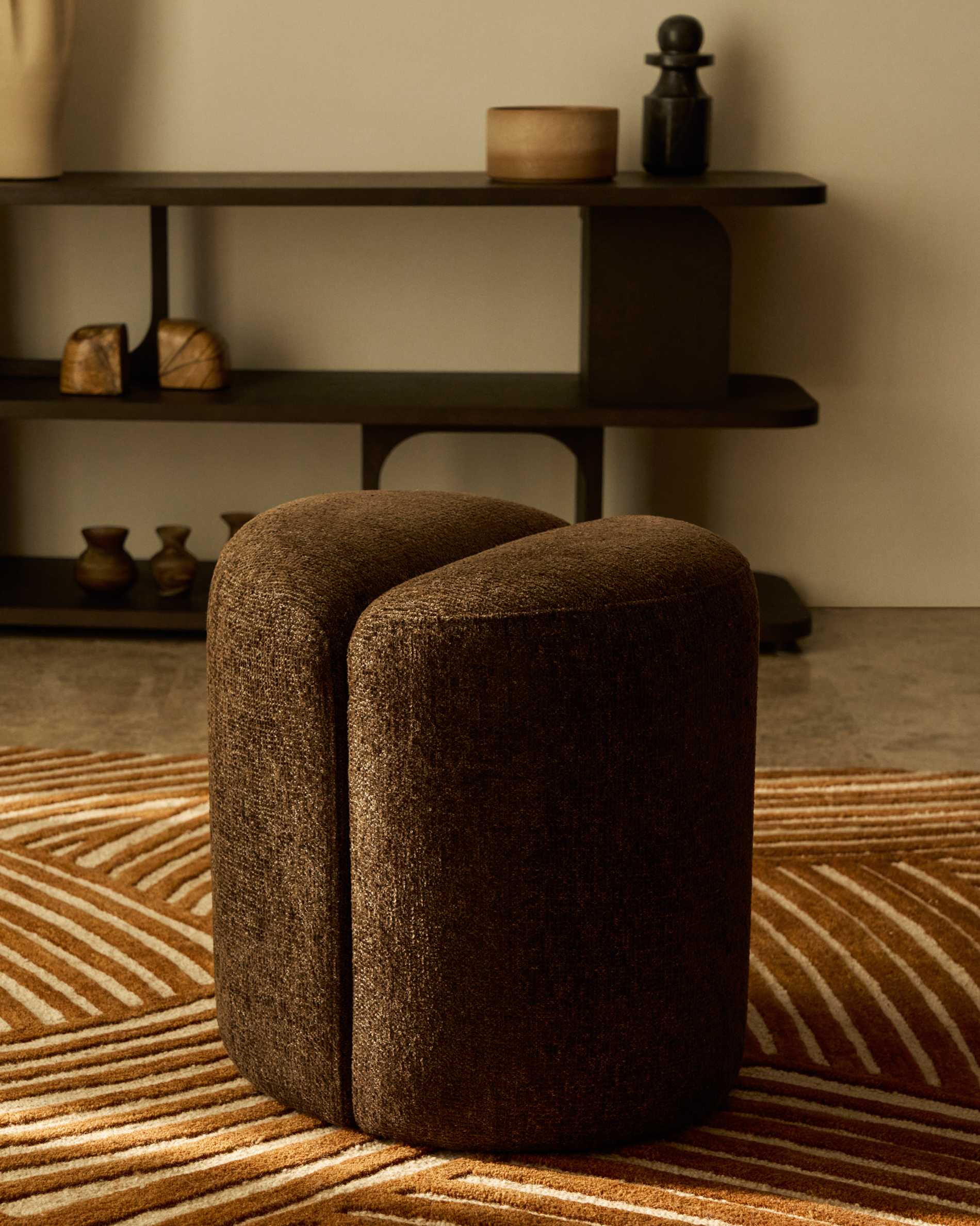 Nedilo round footrest in chocolate brown FSC Mix Credit chenille