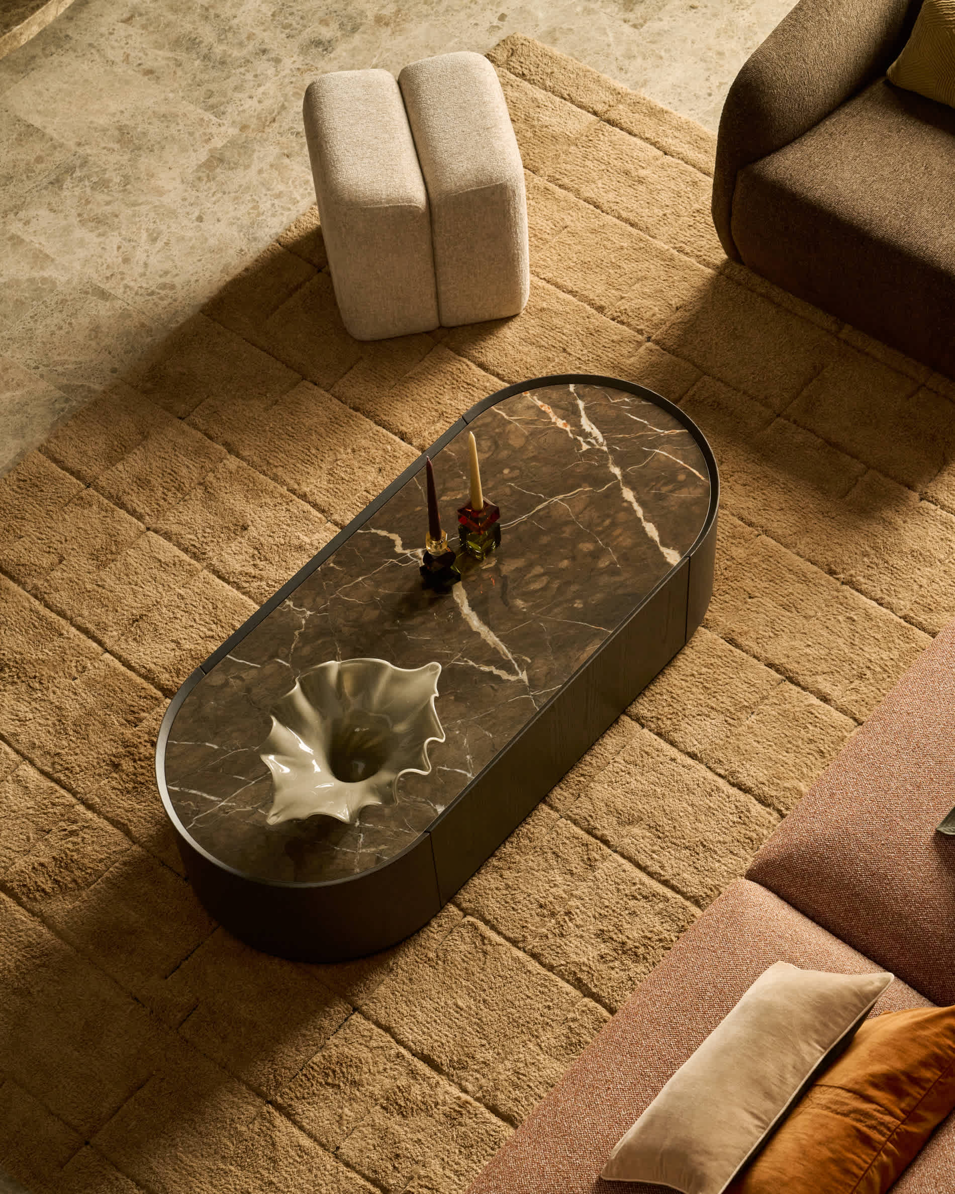 Nemore coffee table with 1 oak veneer drawer and Emperador marble-effect ceramic top, FSC Mix Credit, 140 x 60 cm