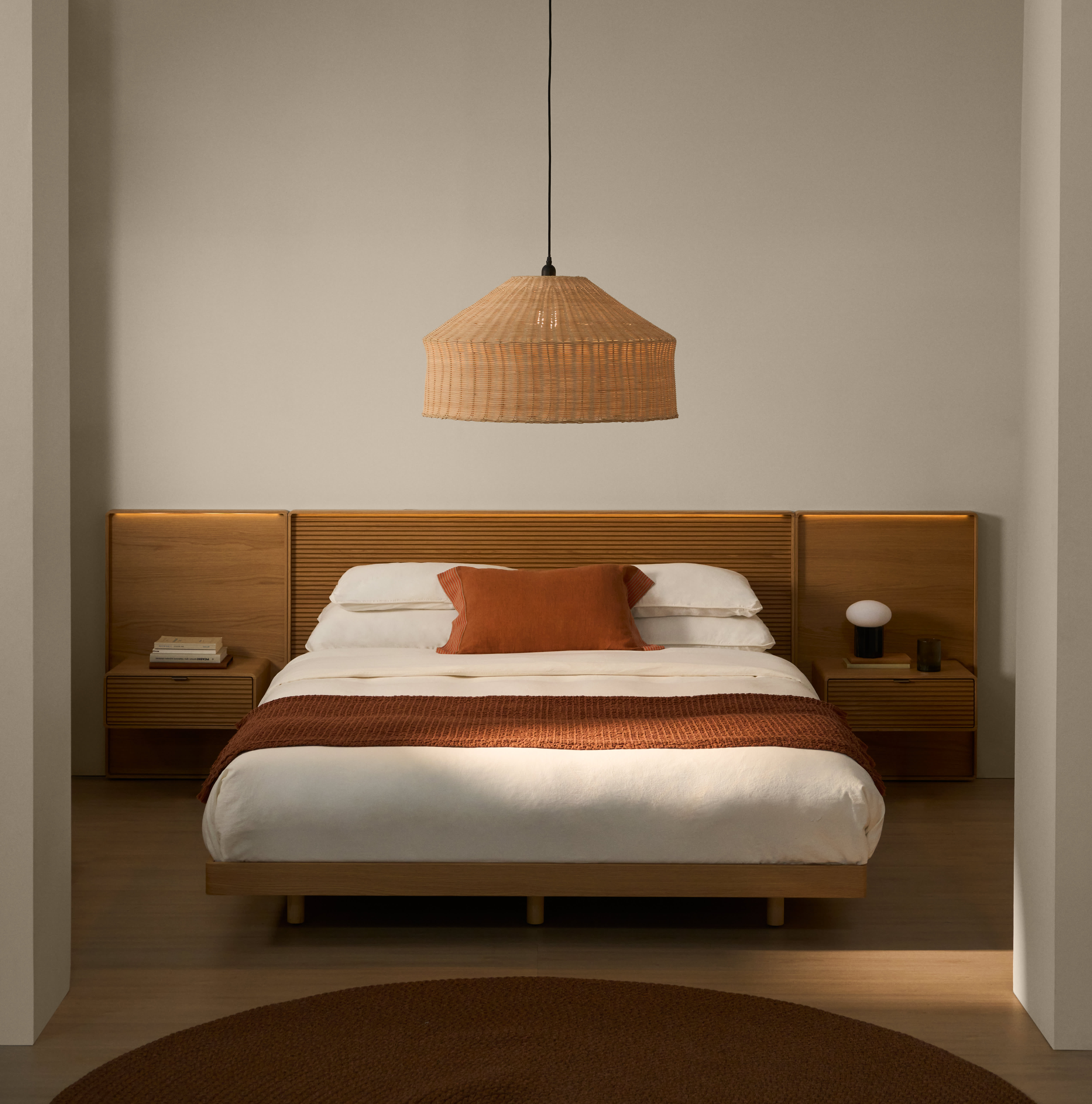Norlen bed with 2 bedside tables in oak veneer with natural finish and LED light for 160 x 200 cm mattress FSC Mix Credit