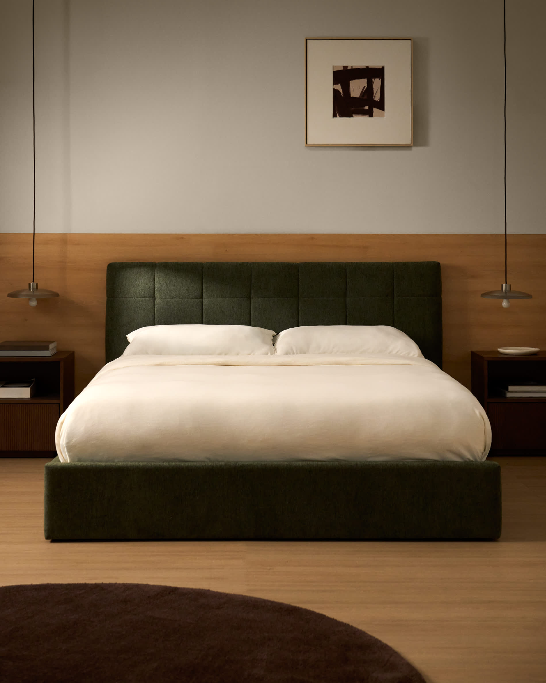 Darnela moss green chenille bed with folding storage base for 160 x 200cm mattress