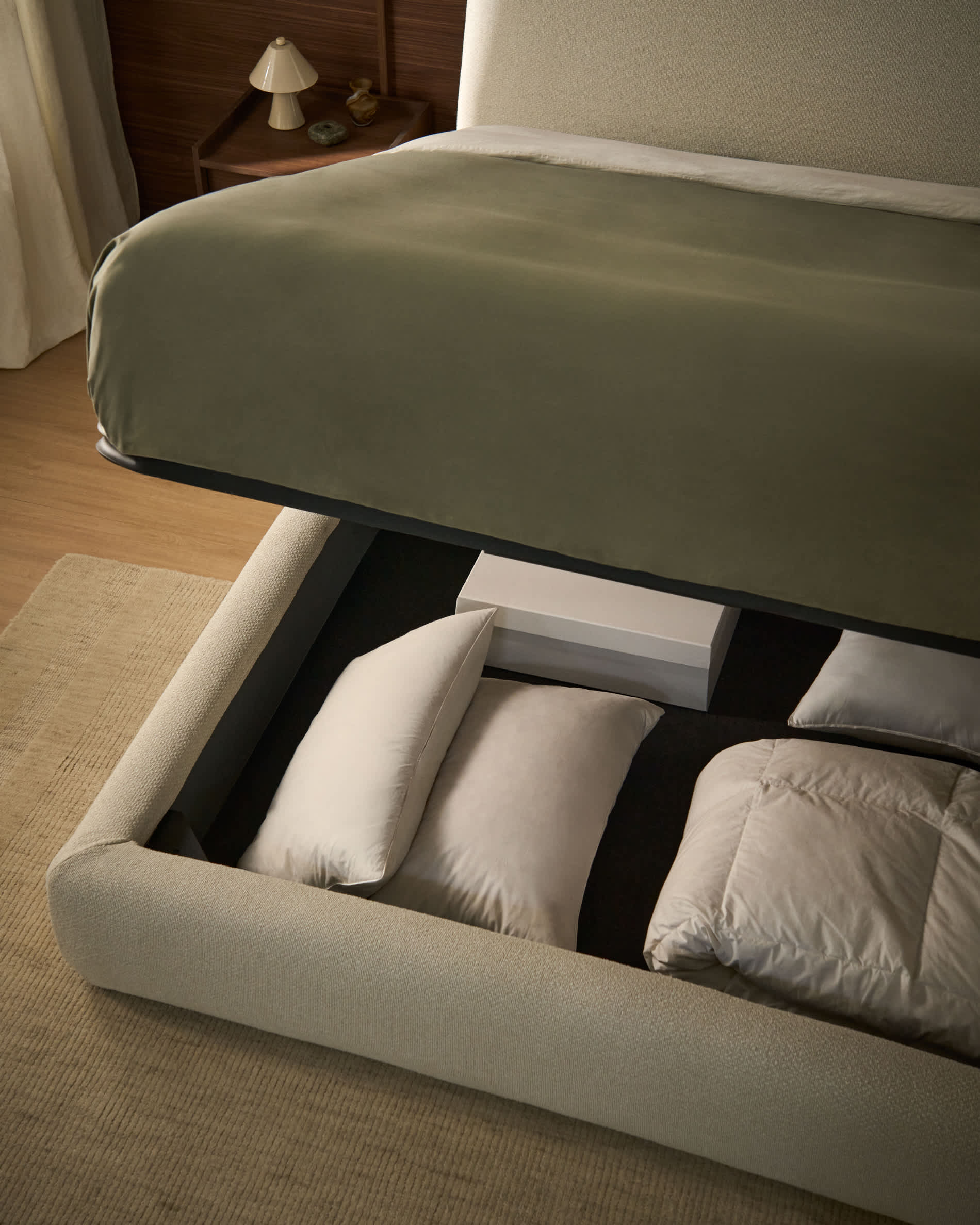Martina bed with removable covers and folding storage base in ecru chenille for mattress 90 x 200cm
