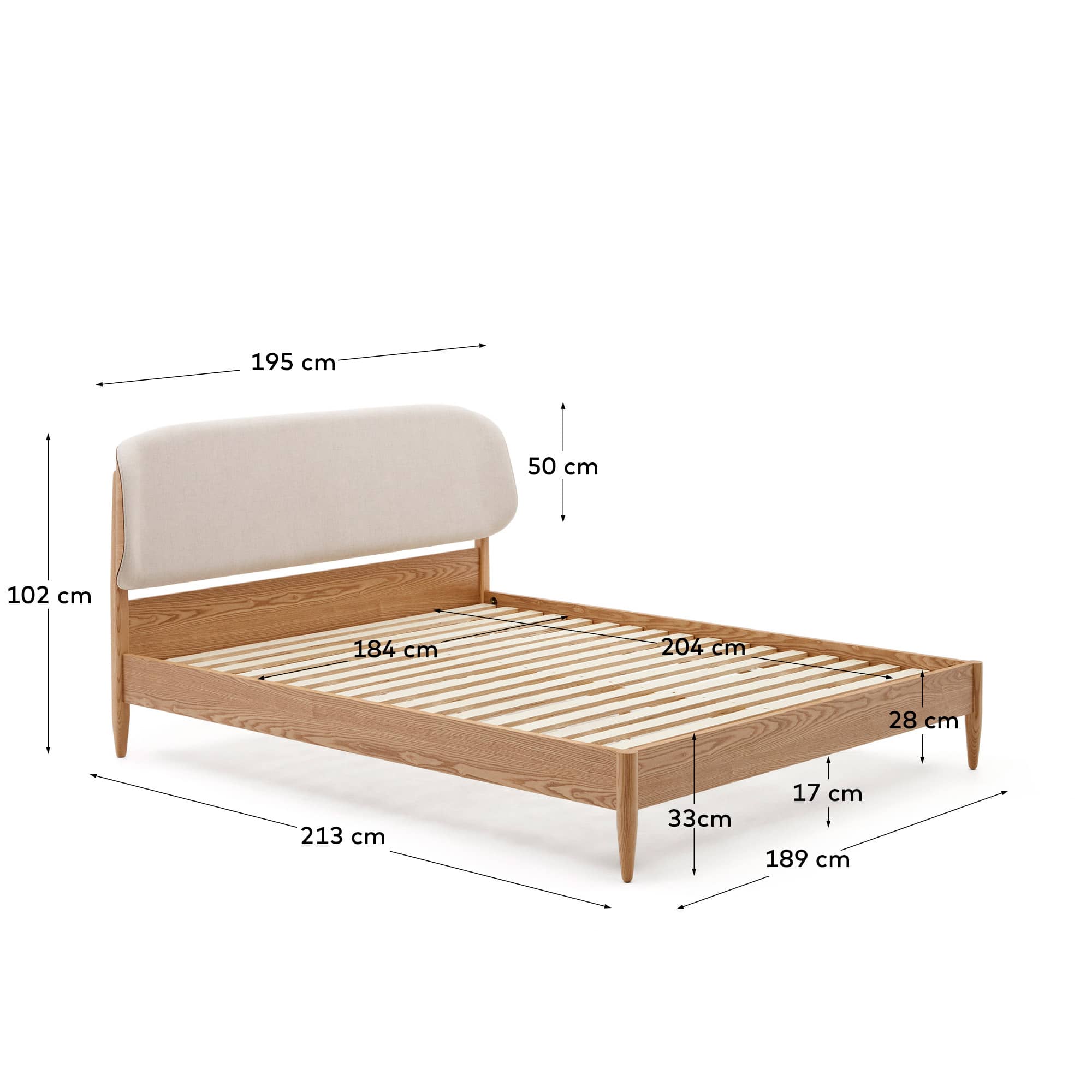 Octavia bed in ash plywood and white upholstered headboard FSC Mix Credit 180 x 200 cm