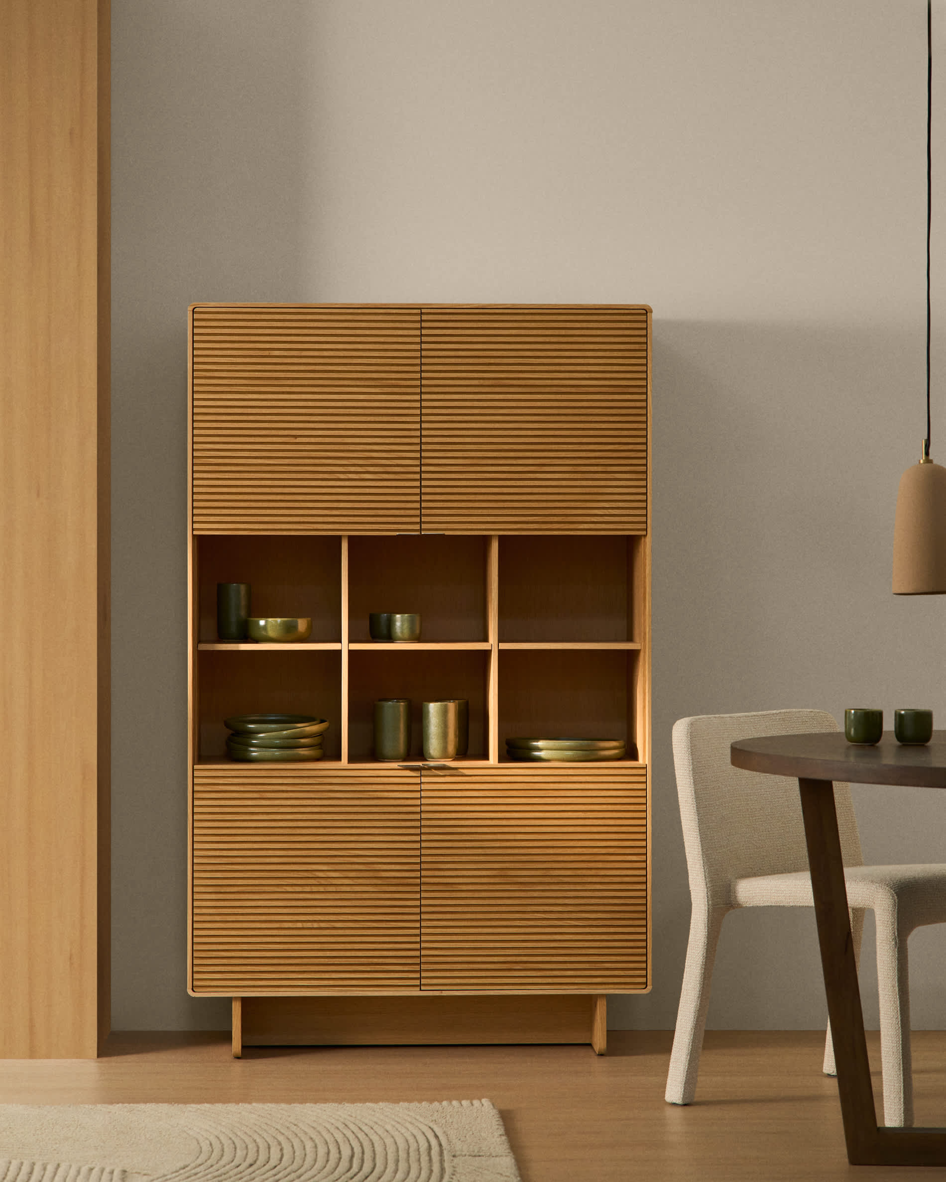 Norlen 4-door tall sideboard in oak veneer with natural finish FSC Mix Credit 100 x 163 cm
