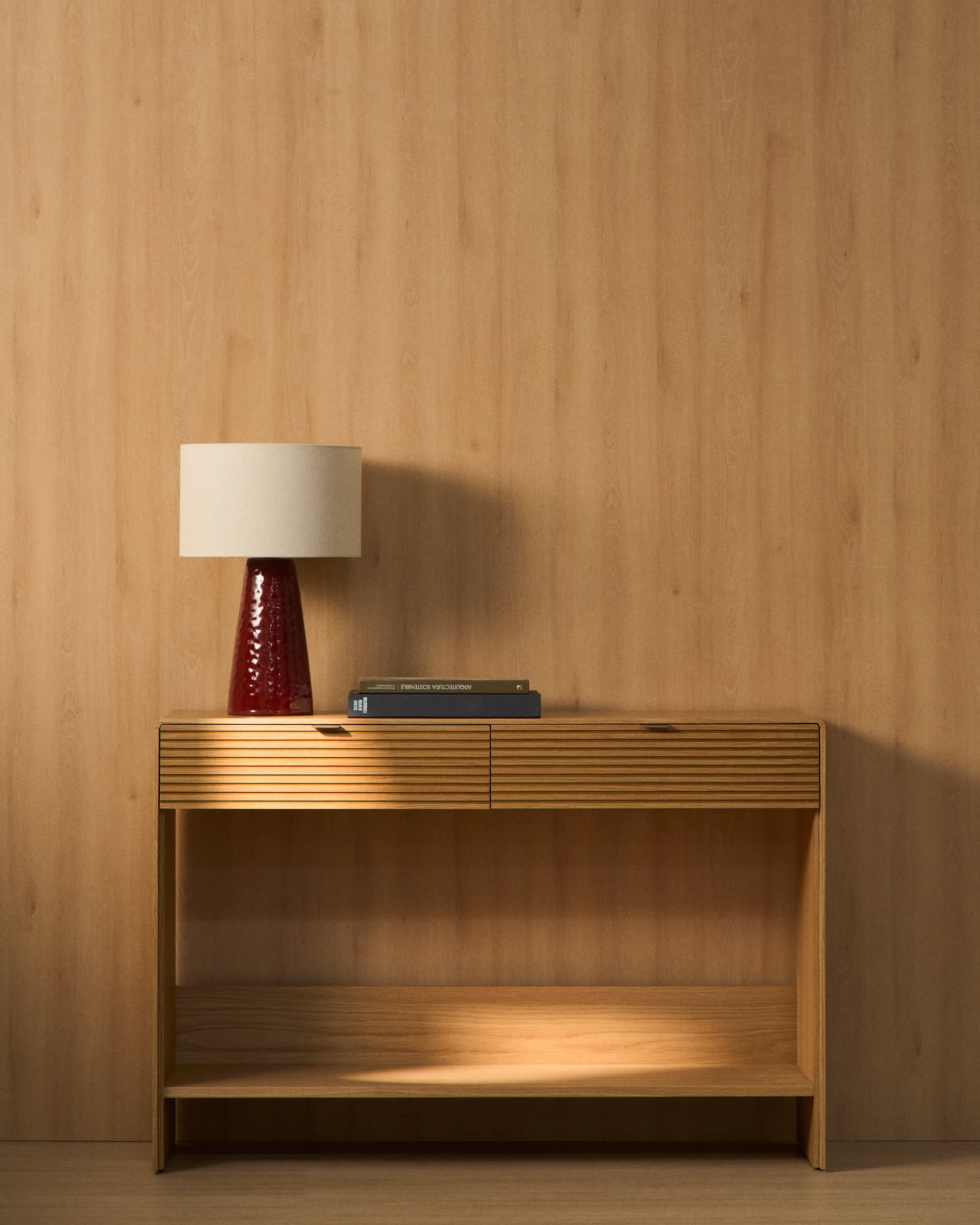 Norlen console with 2 drawers and shelf in oak veneer with natural finish FSC Mix Credit 120 x 81 cm