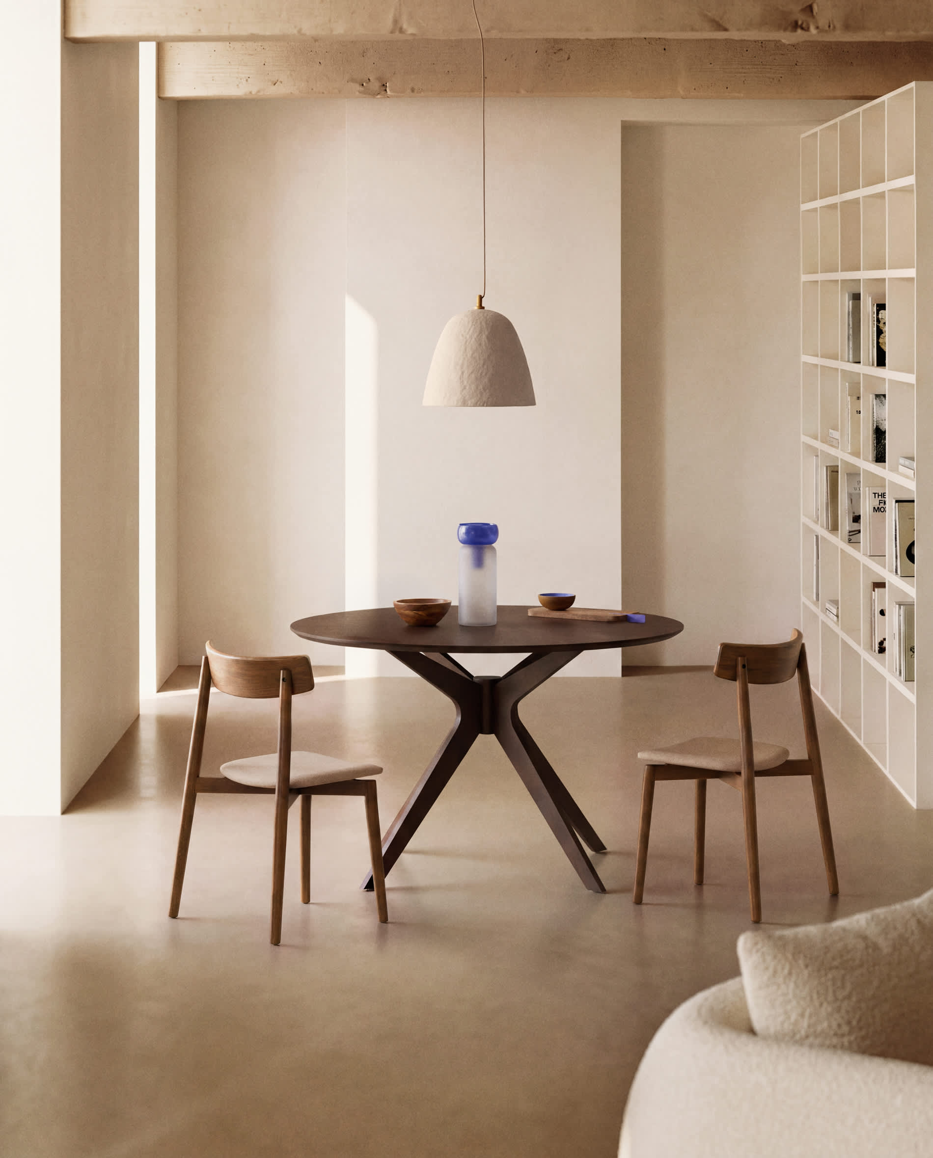 Evera chair in oak veneer with walnut finish and brown chenille
