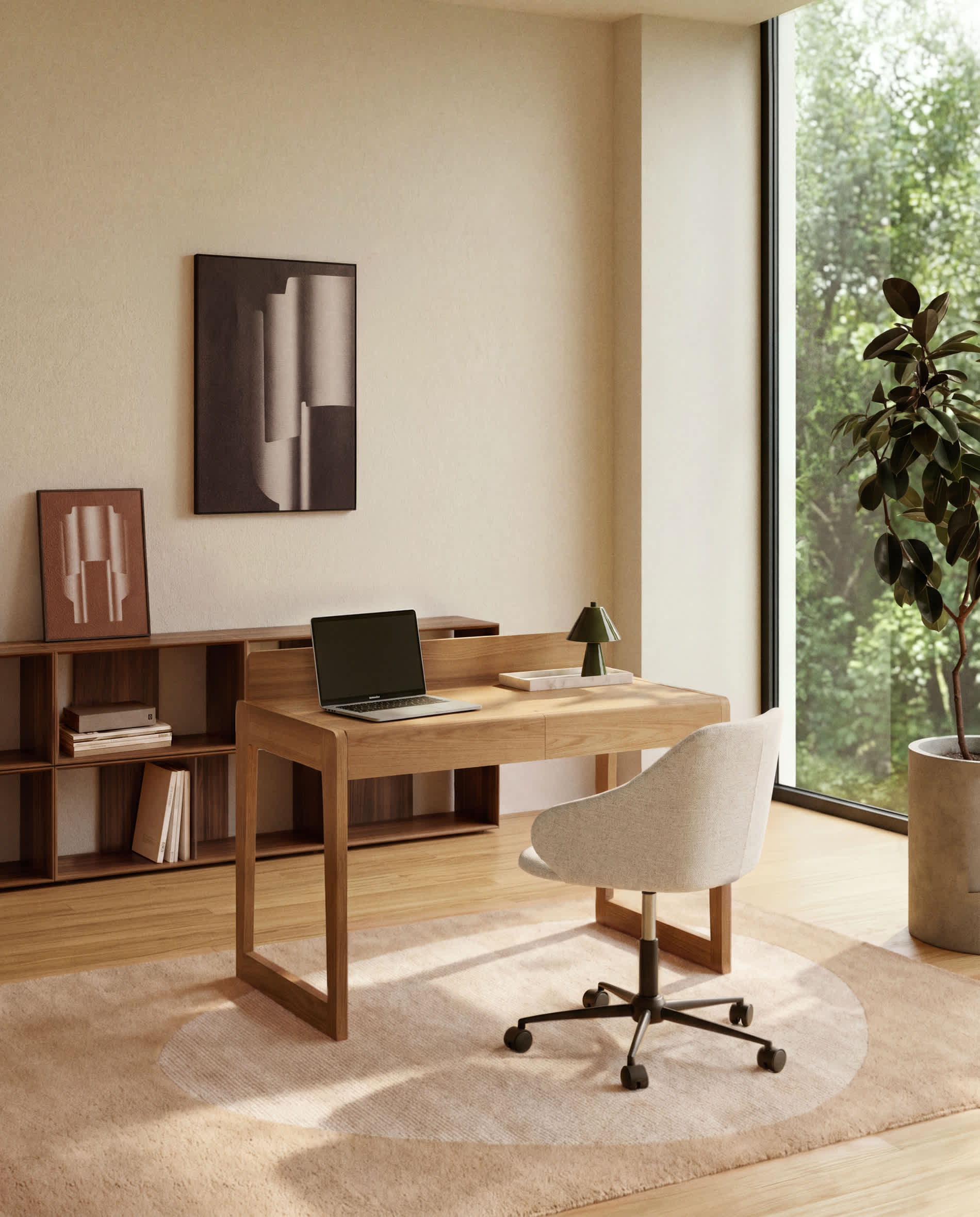 Einara beige chenille desk chair with black steel legs