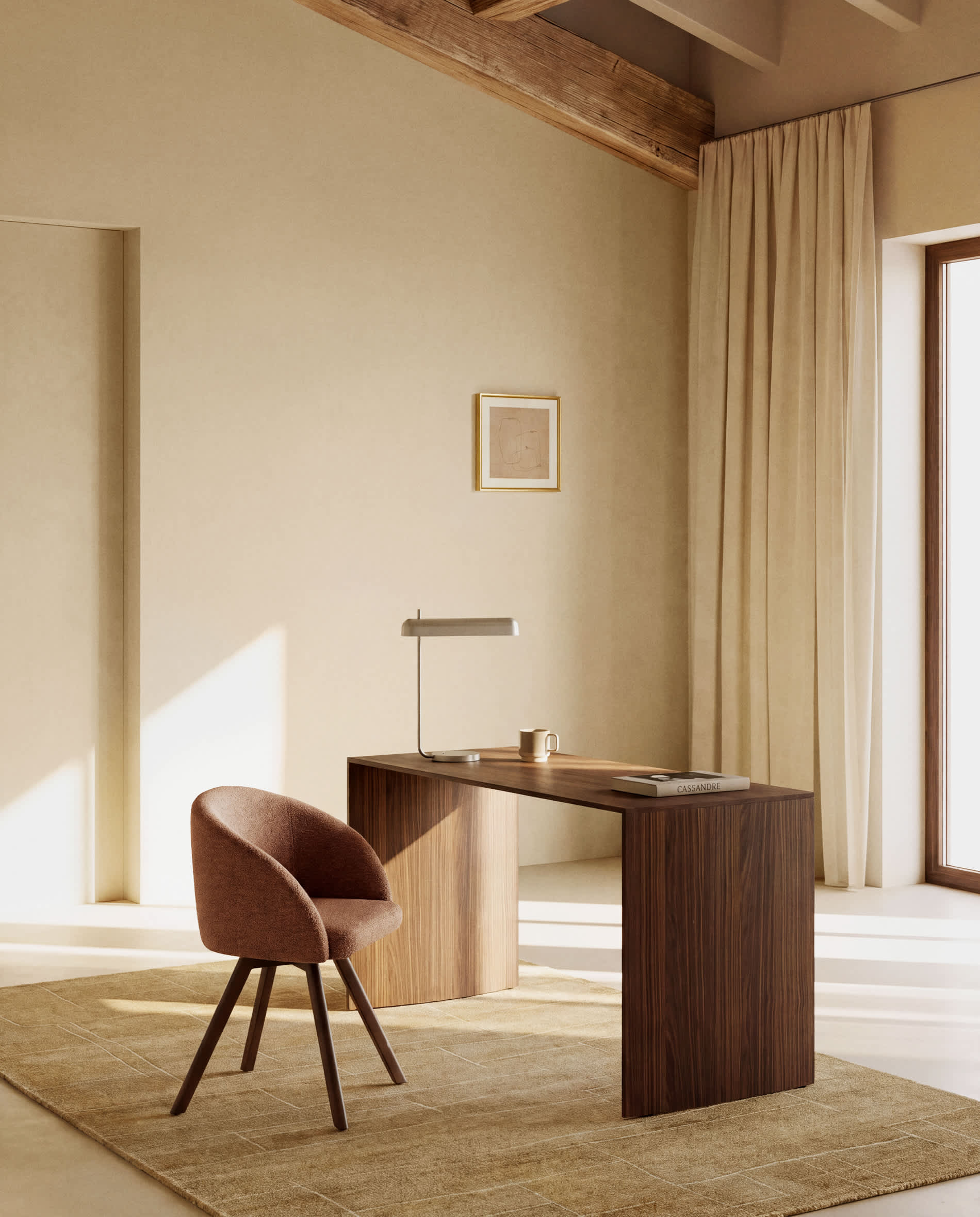 Marvin terracotta chenille swivel chair with solid beech wood legs with a walnut finish FSC 100%