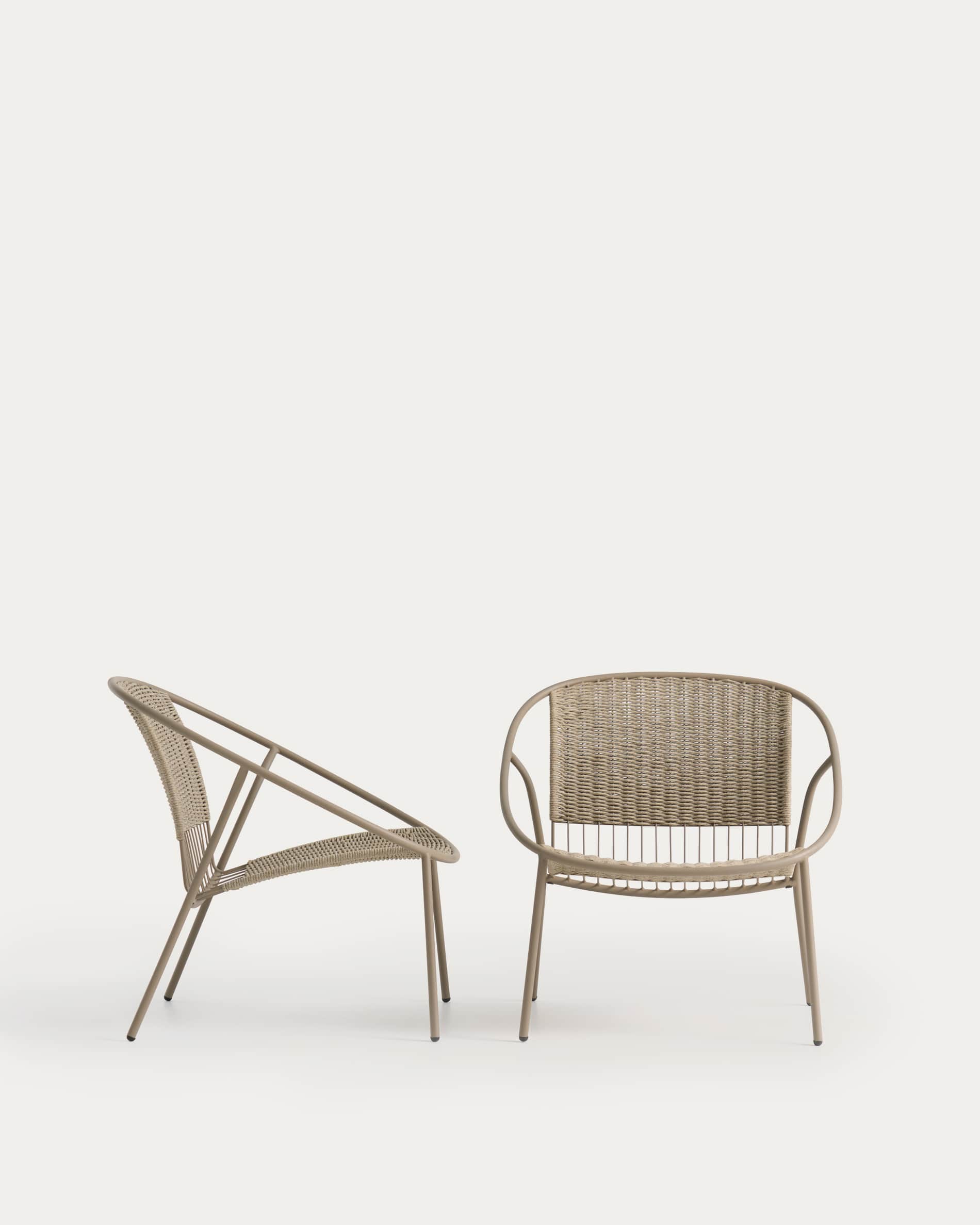 Set of 2 Atrani armchairs in galvanised steel and taupe rope cord with Mesquida side table in glazed terracotta ceramic Ø 36 cm