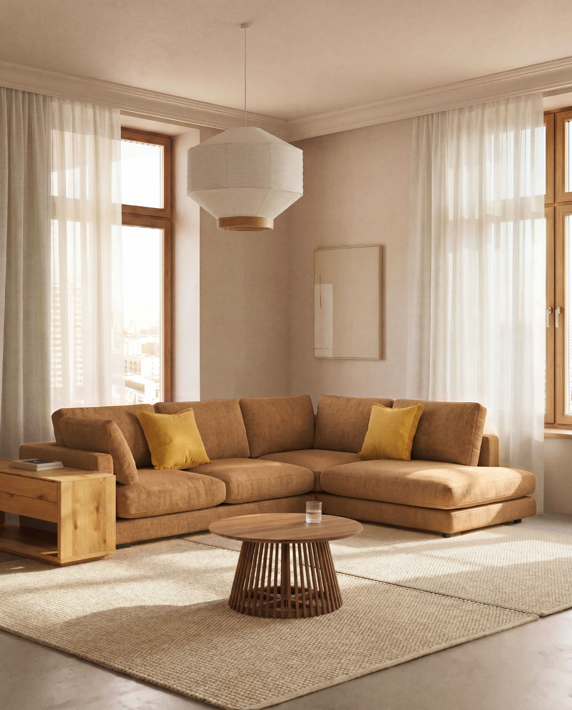 Gala 5-seater corner sofa with end module right side in mustard micro bouclé FSC Mix Credit 300 x 225cm