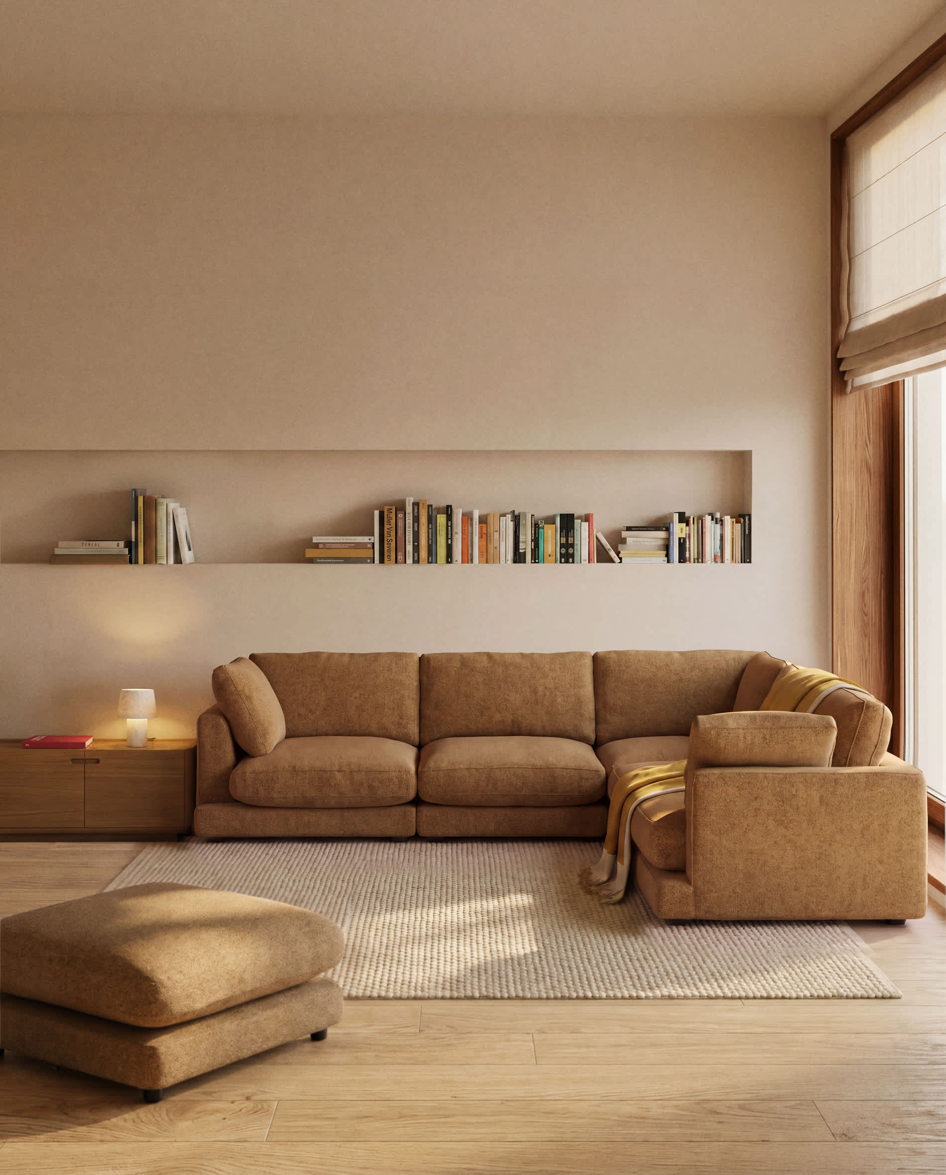Gala 6-seater corner sofa in mustard micro bouclé FSC Mix Credit 300 x 300cm