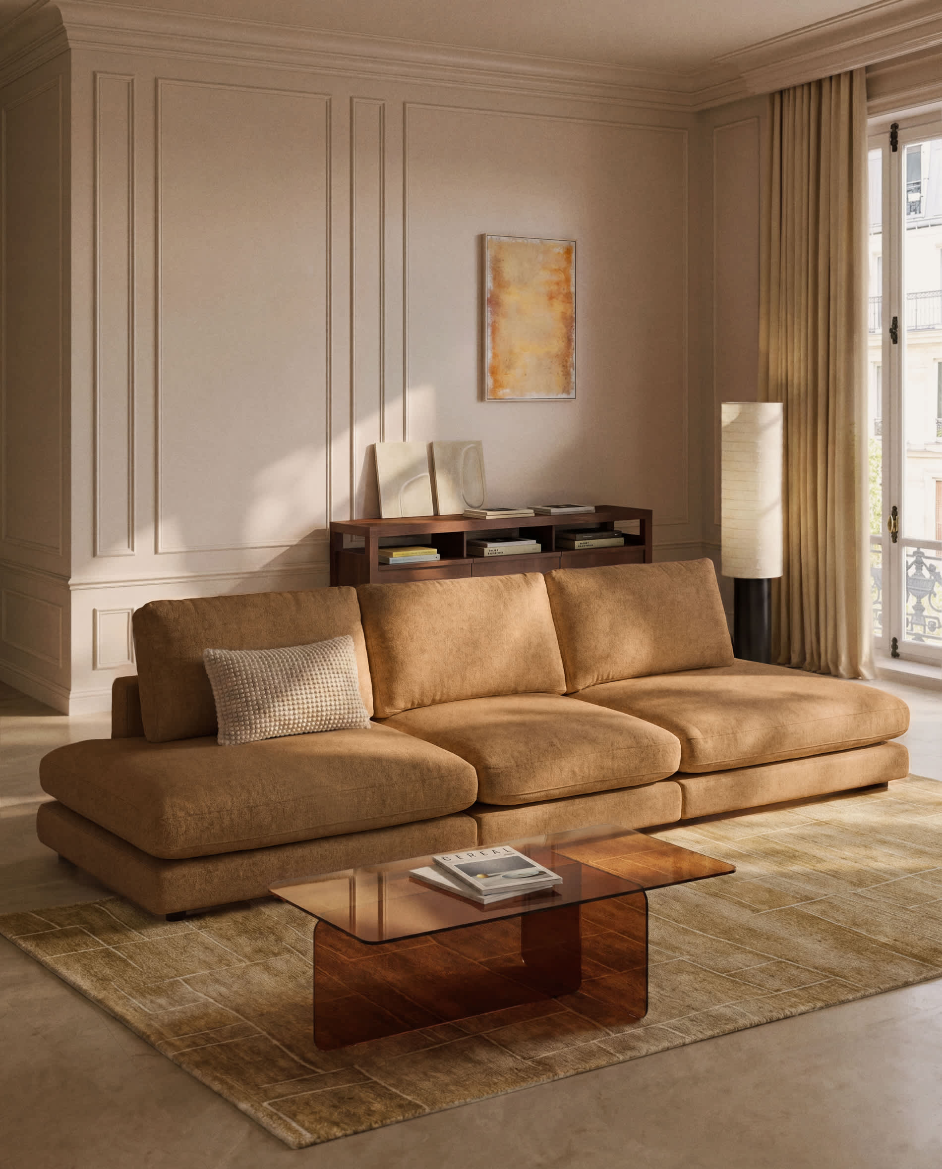 Gala 4-seater modular sofa in mustard micro bouclé FSC Mix Credit 330cm