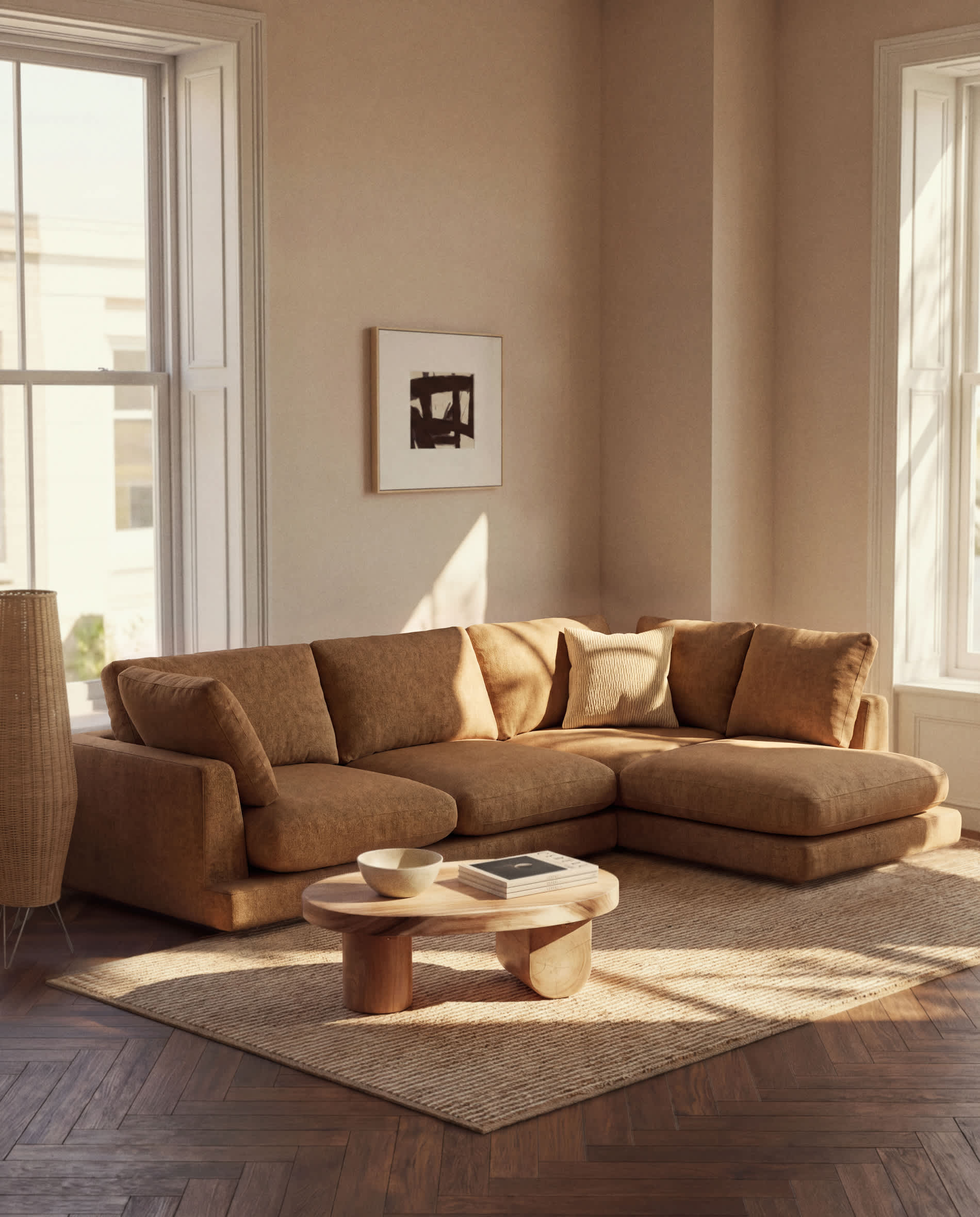 Gala mustard 4-seater sofa in micro bouclé with right chaise longue FSC Mix Credit 300cm