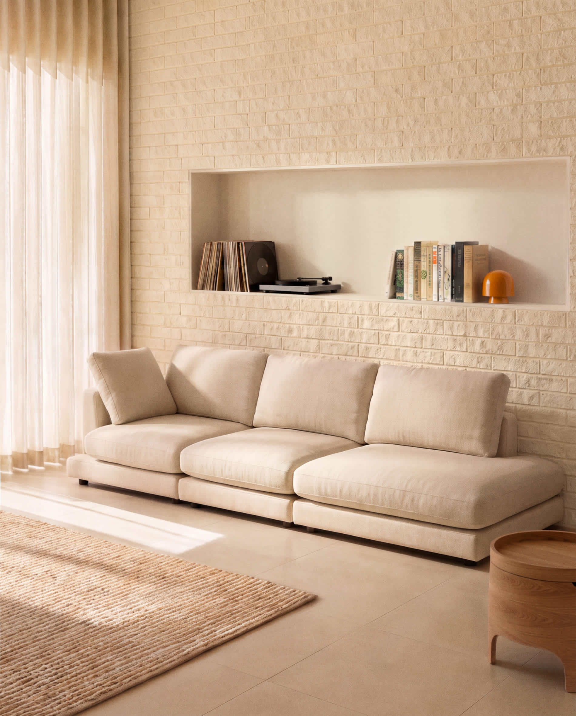 Gala 4-seater modular sofa with end module right side in beige micro bouclé FSC Mix Credit 315cm