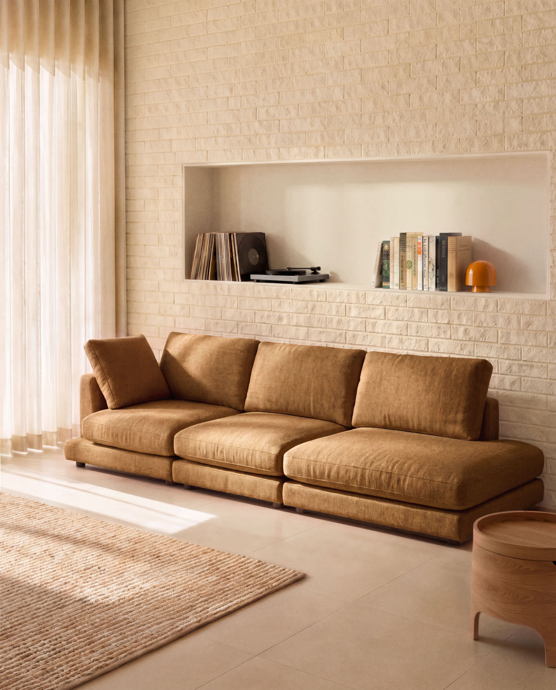 Gala 4-seater modular sofa with end module right side in mustard micro bouclé FSC Mix Credit 315cm
