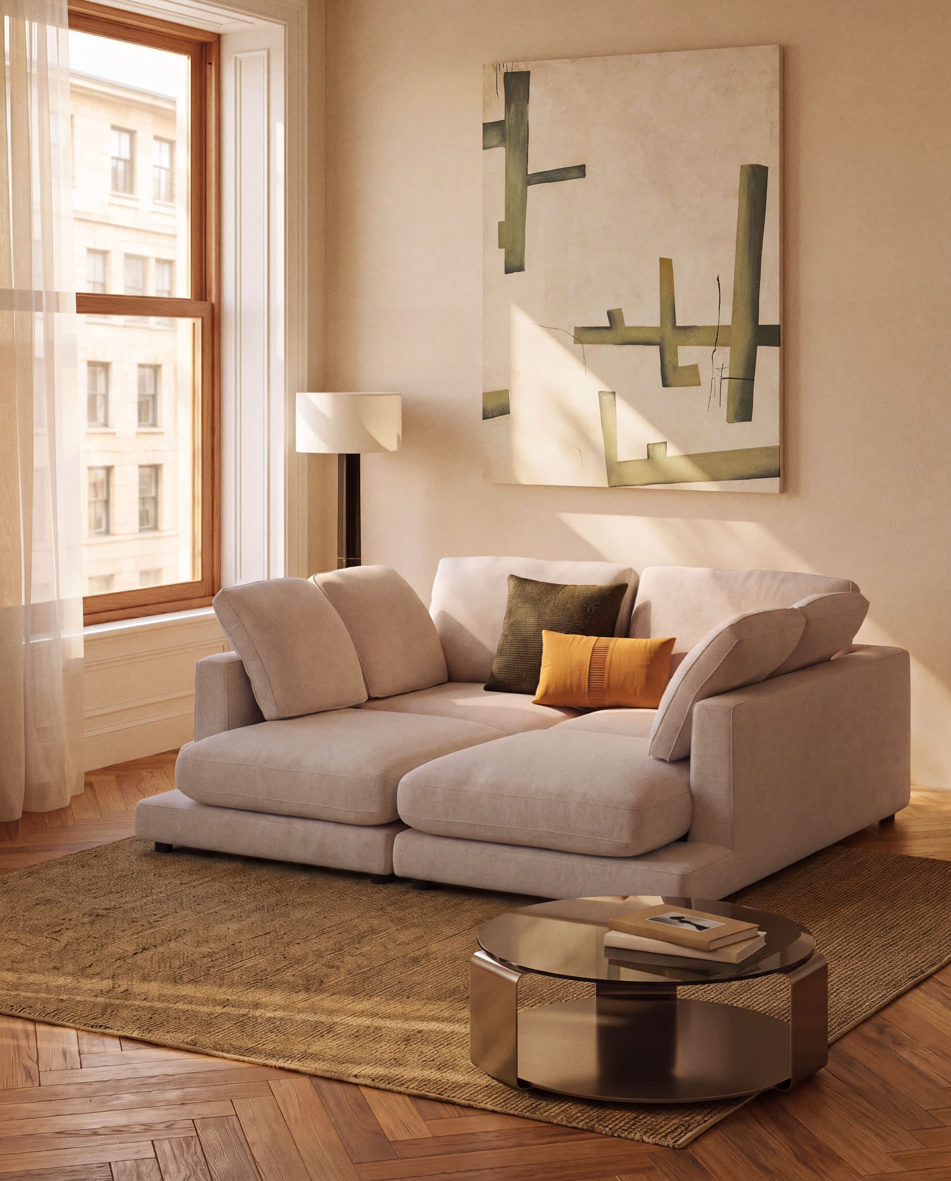 Gala beige micro bouclé 3-seater sofa with double chaise longue FSC Mix Credit 210cm