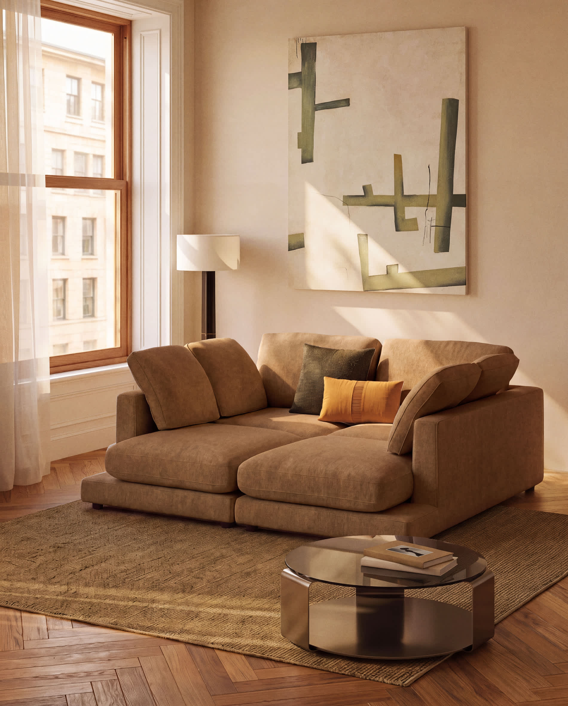 Gala mustard micro bouclé 3-seater sofa with double chaise longue FSC Mix Credit 210cm