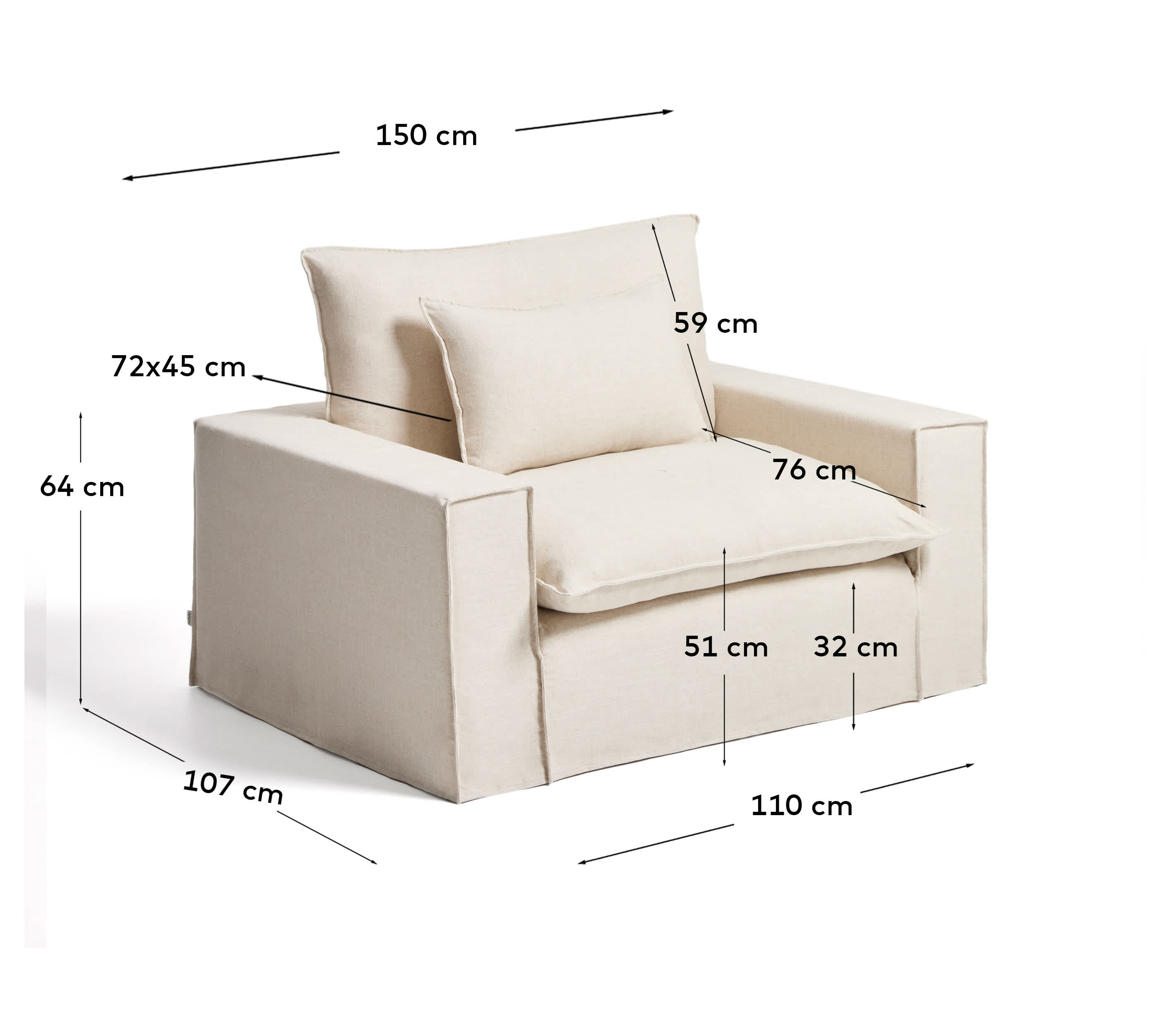 Anarela beige linen and viscose armchair with removable cover 150cm FSC Mix Credit