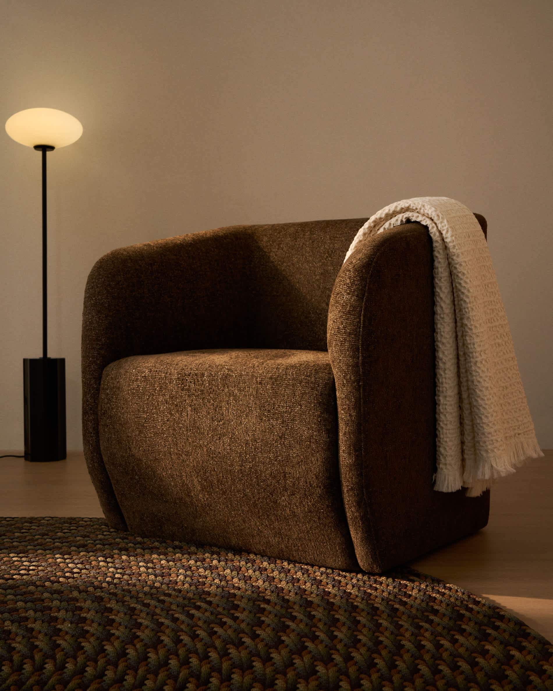 Milare armchair in chocolate brown chenille 73 cm FSC 100%