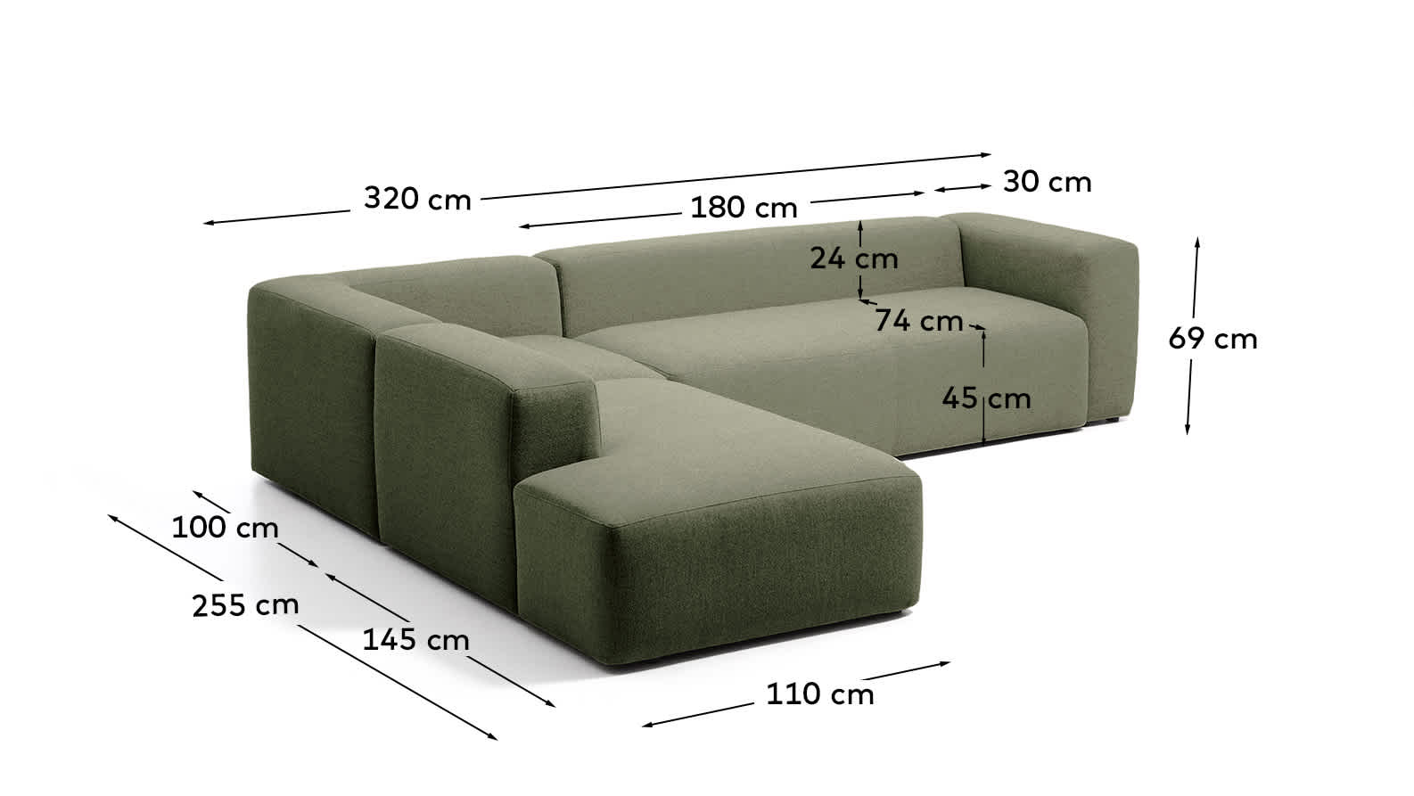 Blok moss green chenille 5-seater corner sofa with left terminal 255 x 320cm FSC Mix Credit