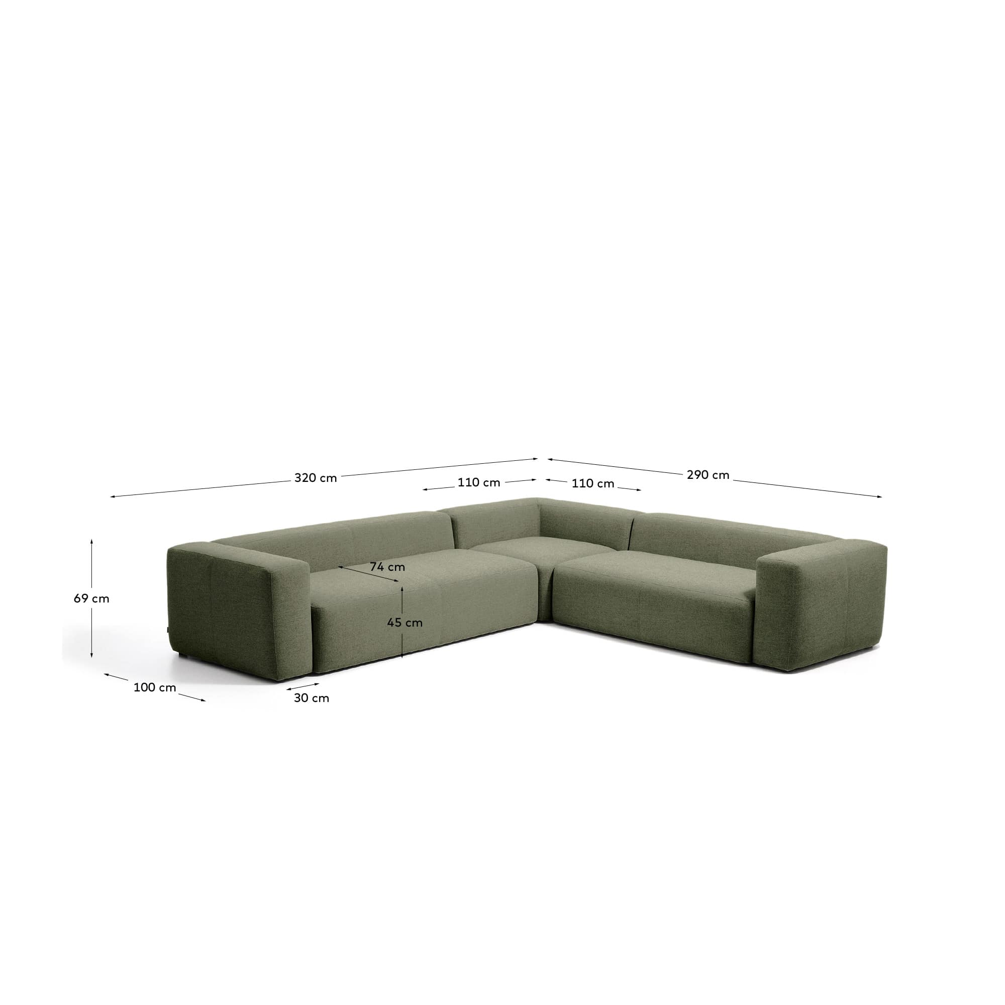Blok moss green chenille 5-seater corner sofa 320 x 290cm/290 x 320cm FSC Mix Credit