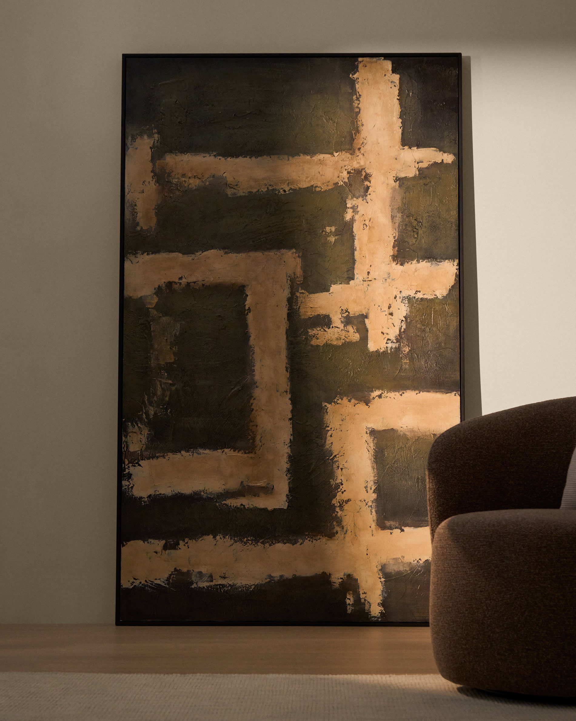 Emeri hand-painted abstract picture in olive green and beige 120 x 200cm