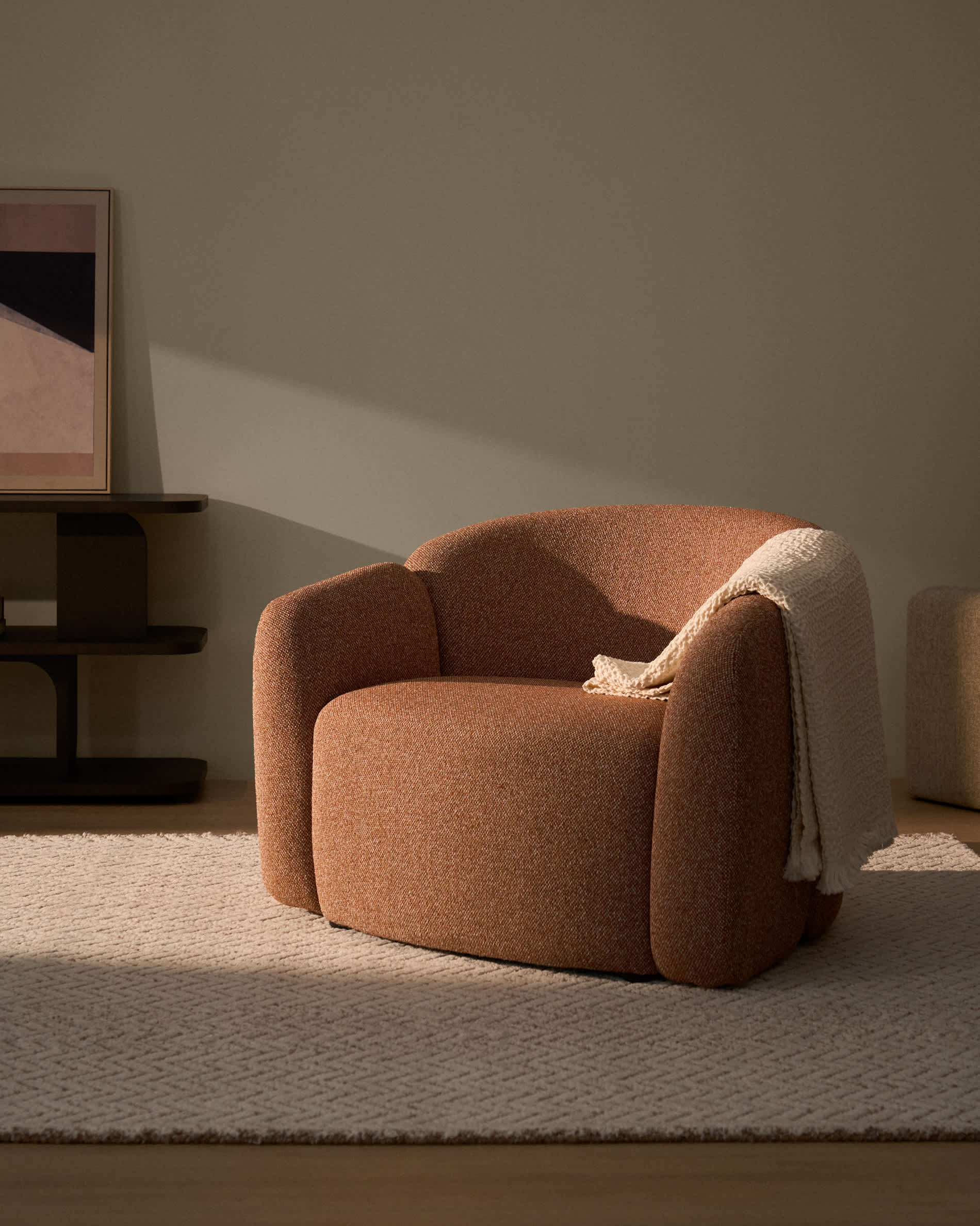 Corvena armchair in terracotta chenille FSC Mix Credit 98 cm