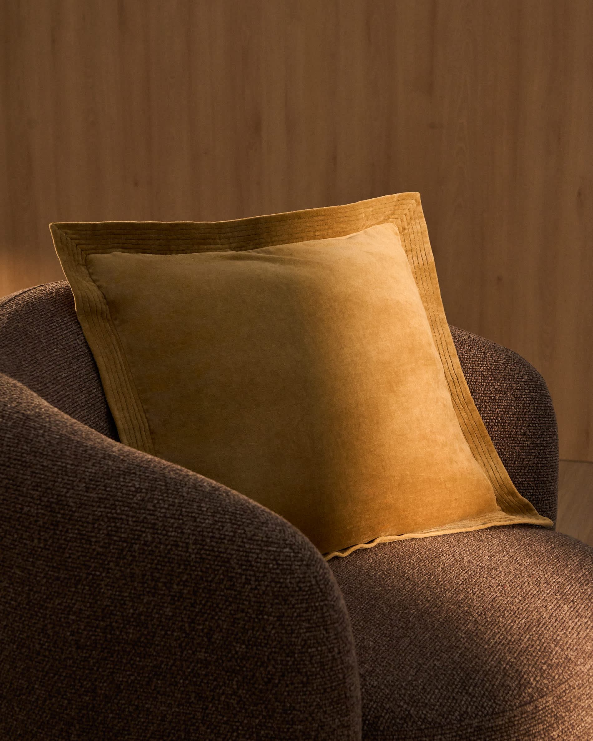 Ladira beige velvet cushion cover with piping and embroidered detailing 45 x 45 cm