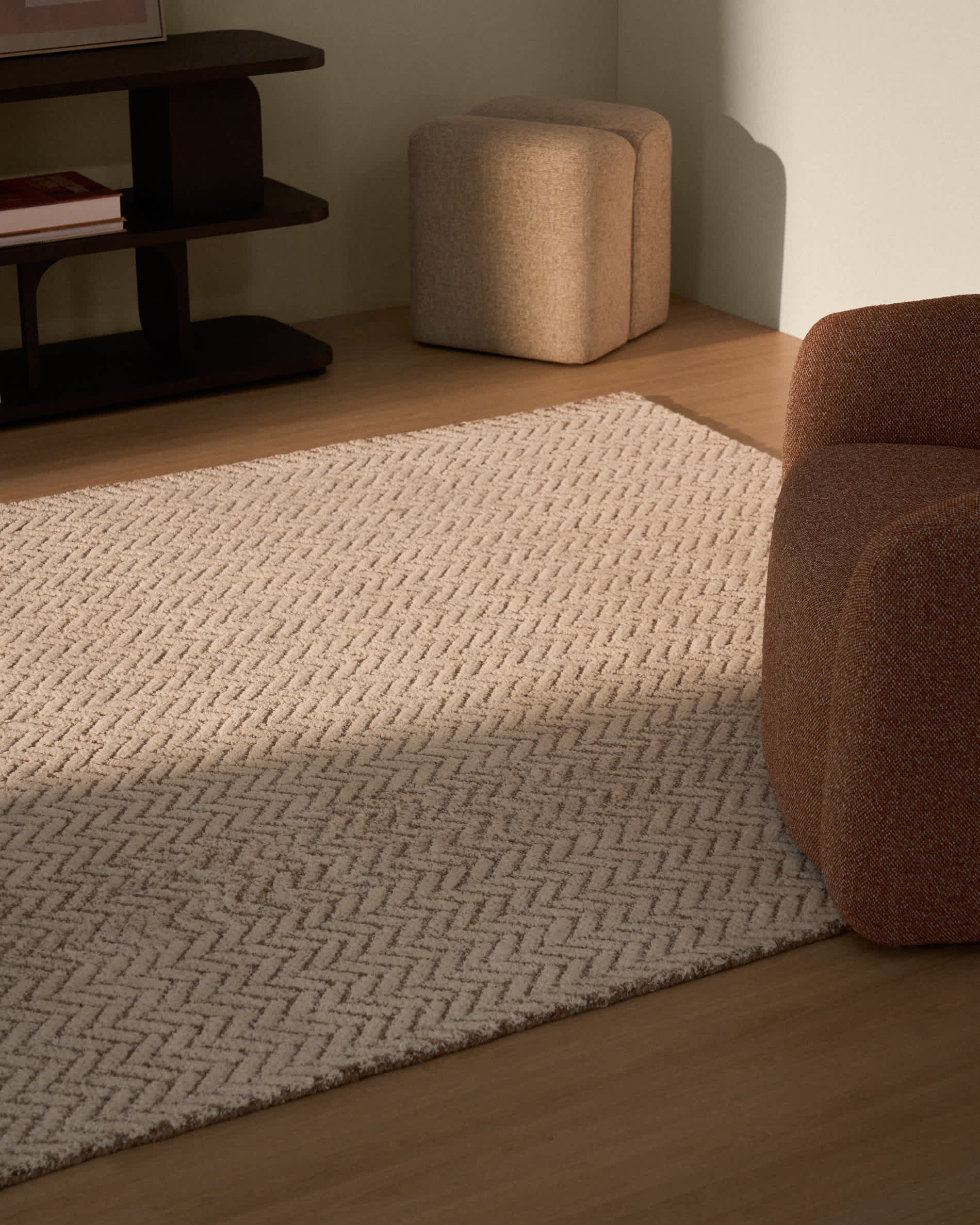 Calira beige woven jacquard wool rug 300 x 200cm